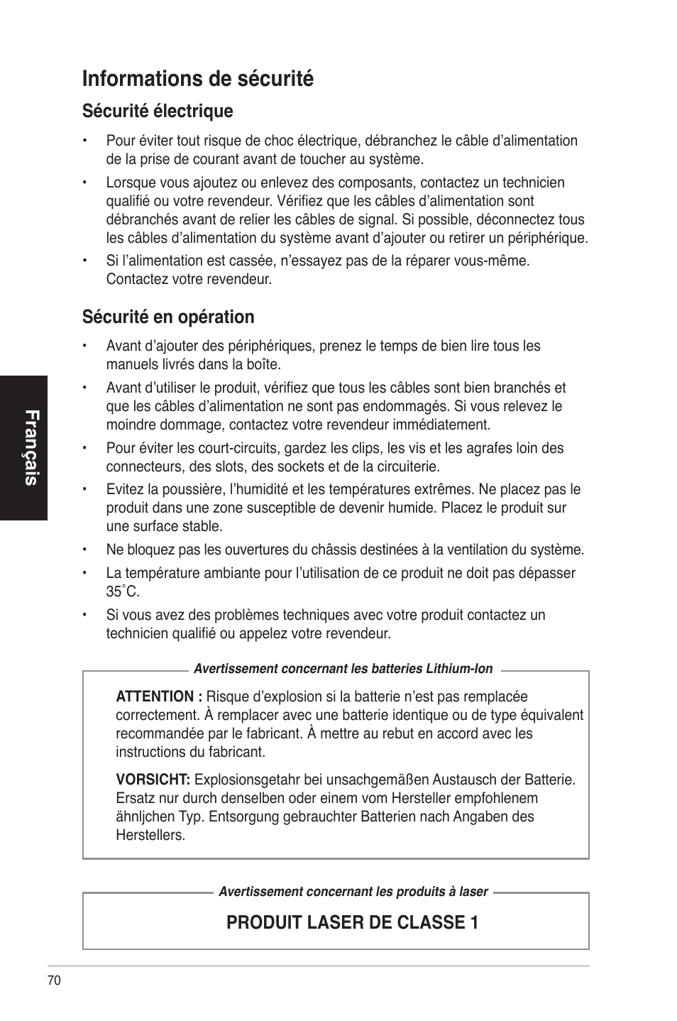 Informationsdesécurité, Français, Sécuritéélectrique | Sécuritéenopération, Produitlaserdeclasse1 | Asus ES5100 User Manual | Page 70 / 161