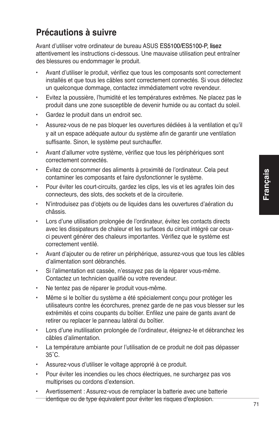 Précautionsàsuivre, Français | Asus ES5100 User Manual | Page 71 / 161