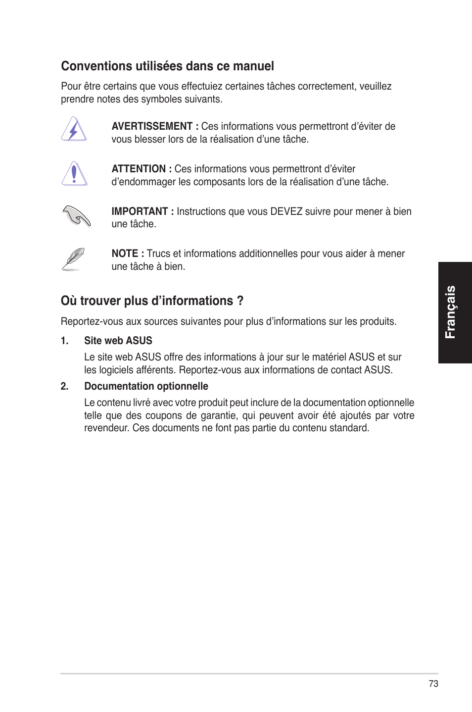 Français conventionsutiliséesdanscemanuel, Où trouver plus d’informations | Asus ES5100 User Manual | Page 73 / 161