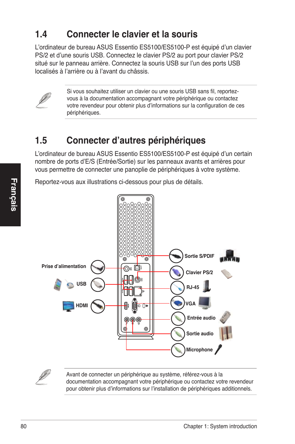 1�4 connecterleclavieretlasouris, 5 connecter d’autres p�riph�ri�ues, Français | Asus ES5100 User Manual | Page 80 / 161