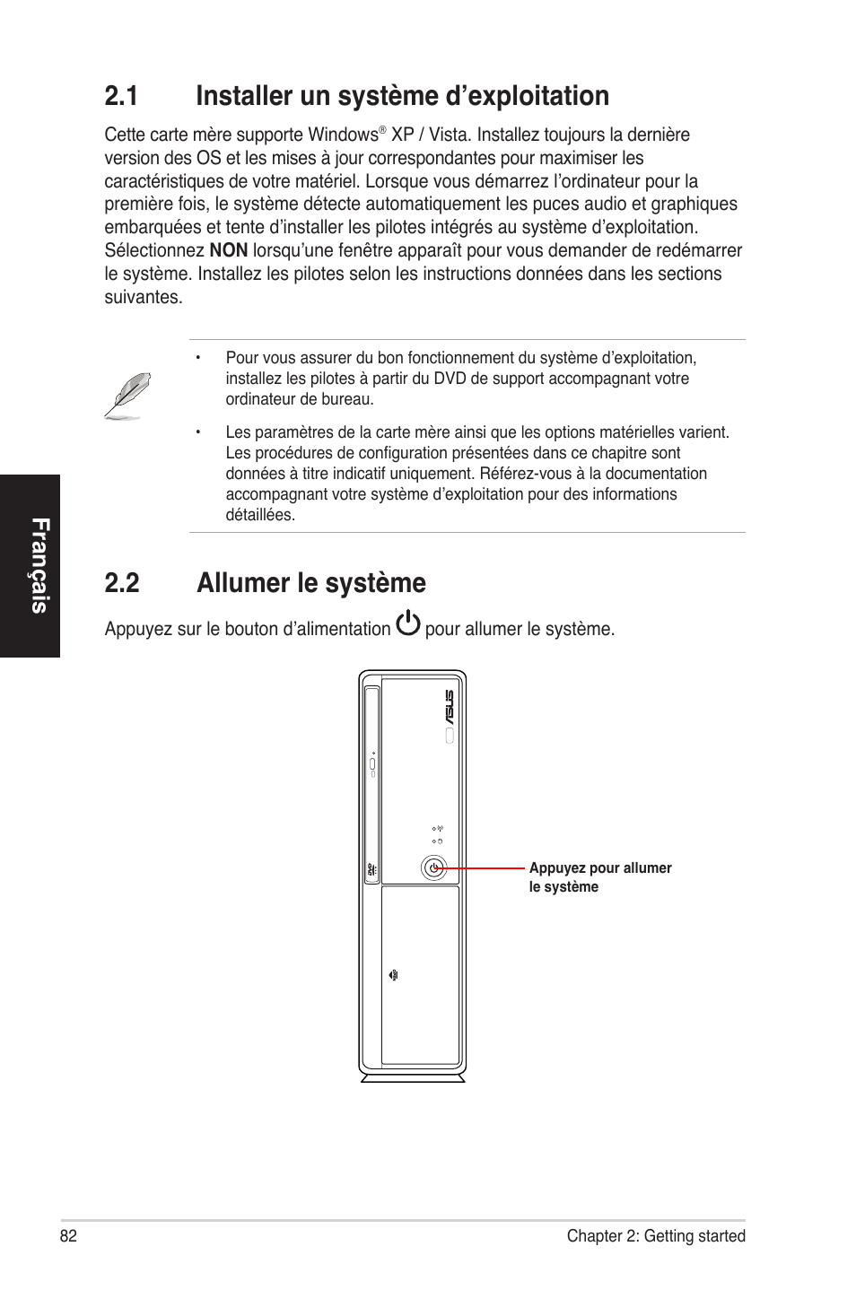 1 installer un système d’exploitation, 2�2 allumerlesystème, Français | Asus ES5100 User Manual | Page 82 / 161