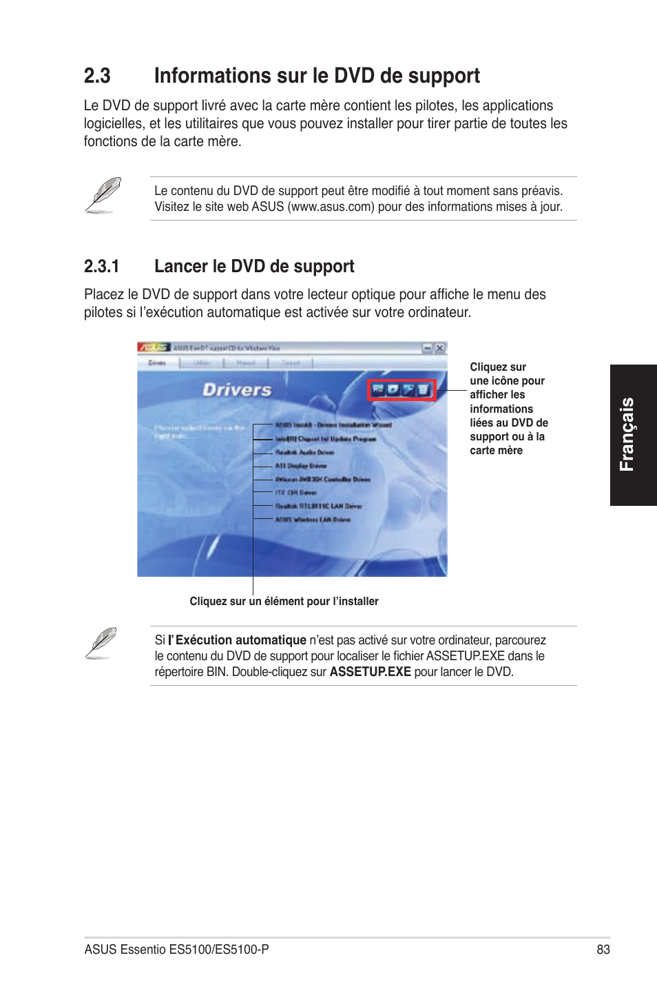 2�3 informationssurledvddesupport, Français, 2�3�1 lancerledvddesupport | Asus ES5100 User Manual | Page 83 / 161