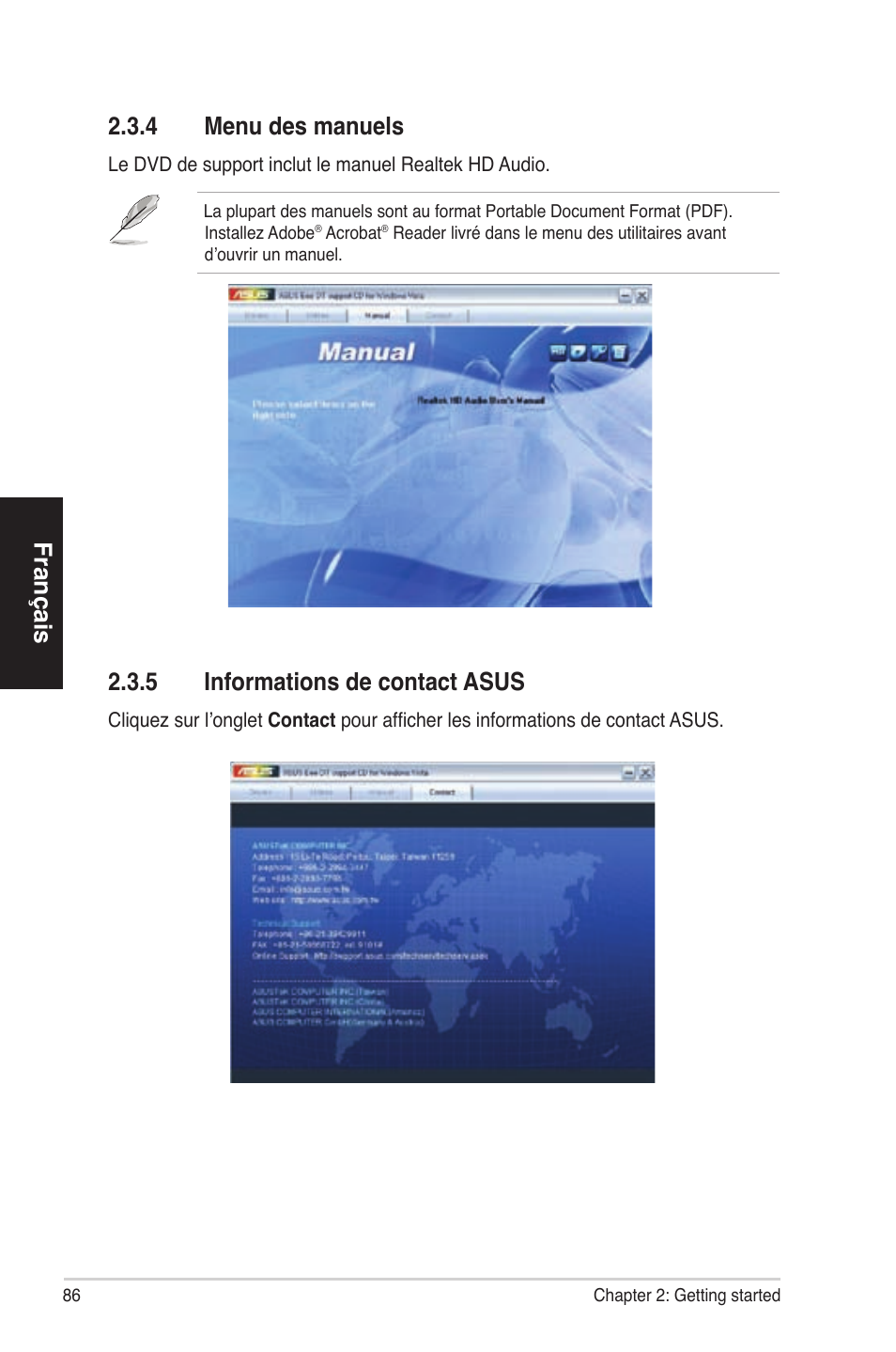Français 2�3�4 menudesmanuels, 2�3�5 informationsdecontactasus | Asus ES5100 User Manual | Page 86 / 161