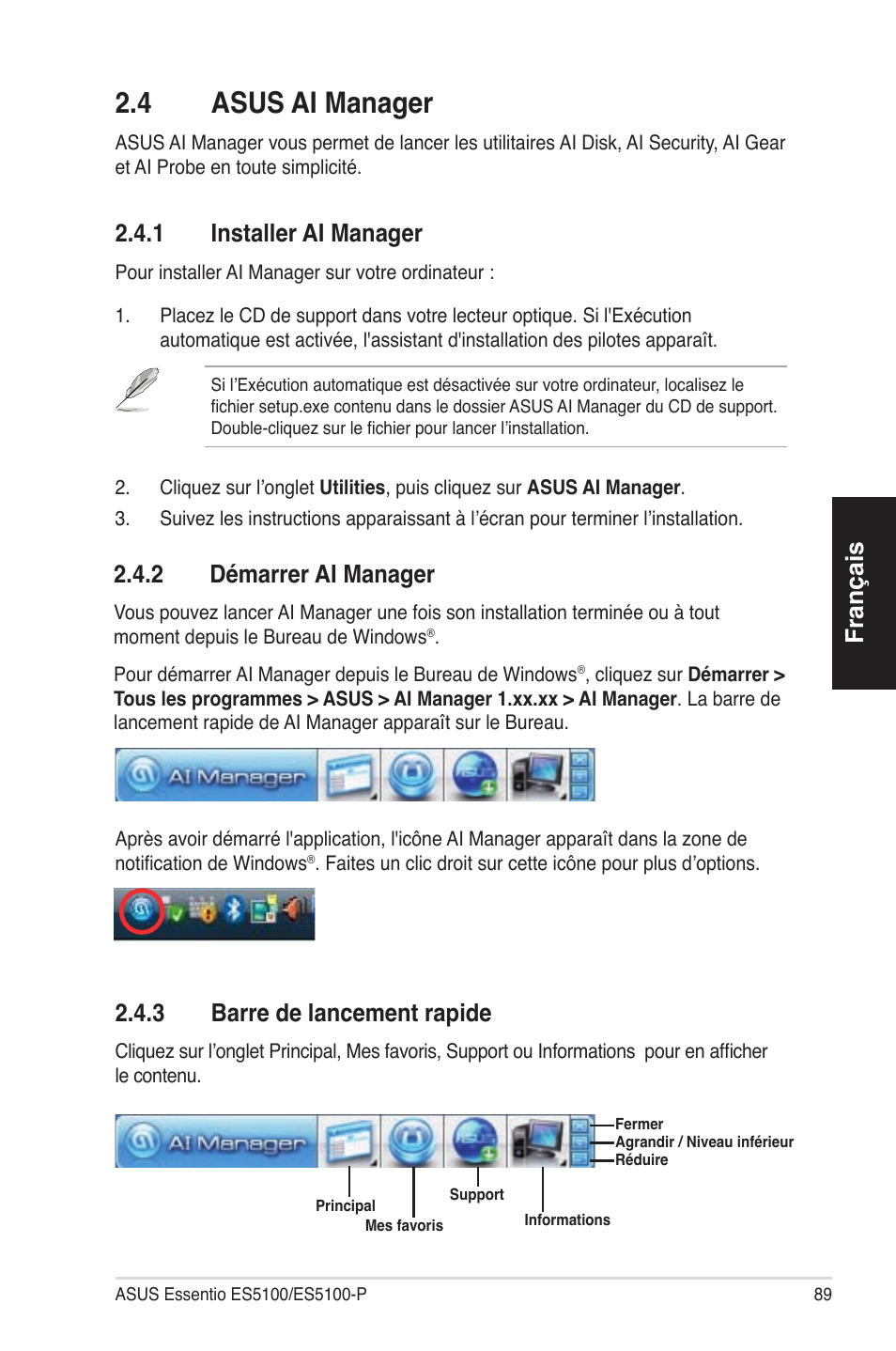 2�4 asusaimanager, Français, 2�4�1 installeraimanager | 2�4�2 démarreraimanager, 2�4�3 barredelancementrapide | Asus ES5100 User Manual | Page 89 / 161