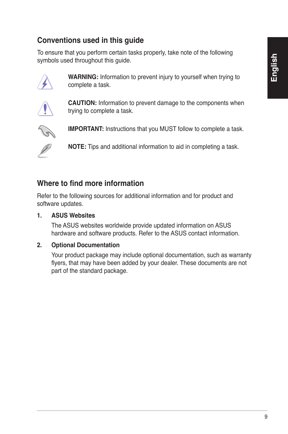 English conventionsusedinthisguide, Where to find more information | Asus ES5100 User Manual | Page 9 / 161