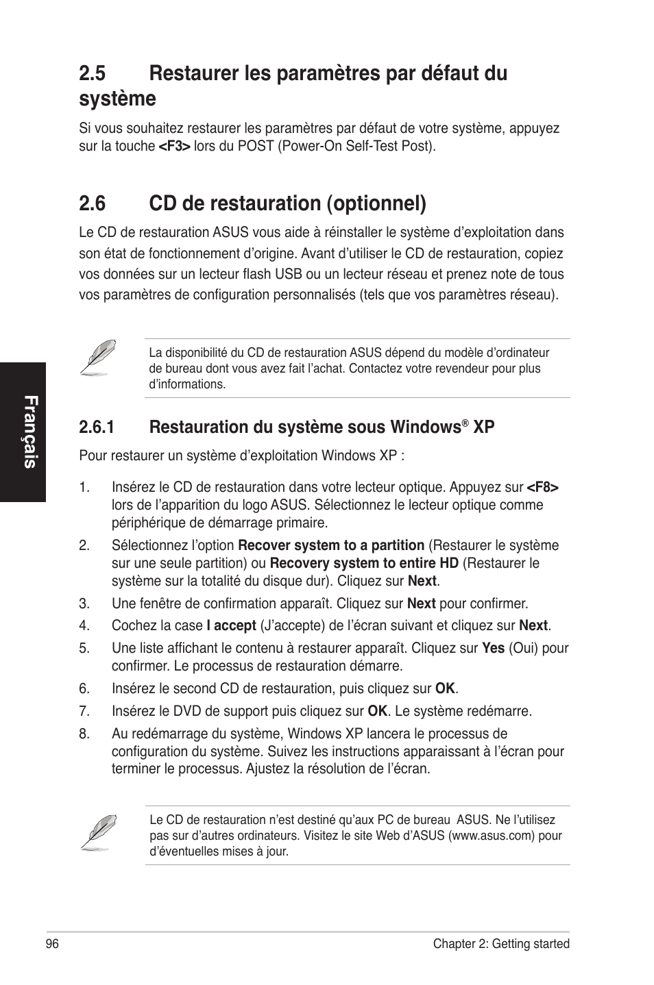 2�6 cdderestauration(optionnel), Français, 2�6�1 restaurationdusystèmesouswindows | Asus ES5100 User Manual | Page 96 / 161