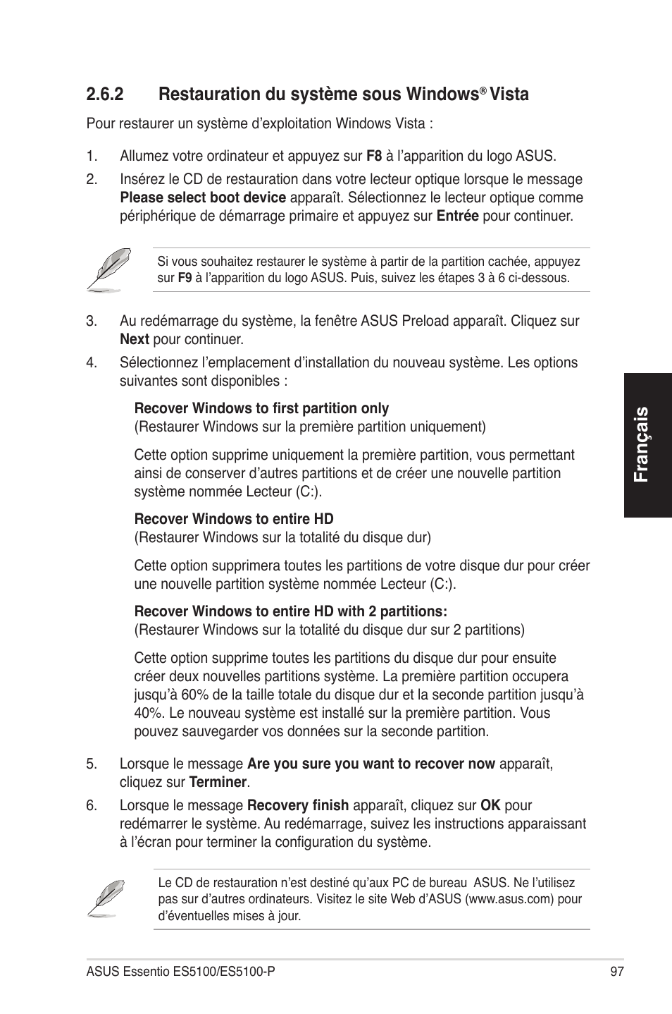 Français, 2�6�2 restaurationdusystèmesouswindows, Vista | Asus ES5100 User Manual | Page 97 / 161