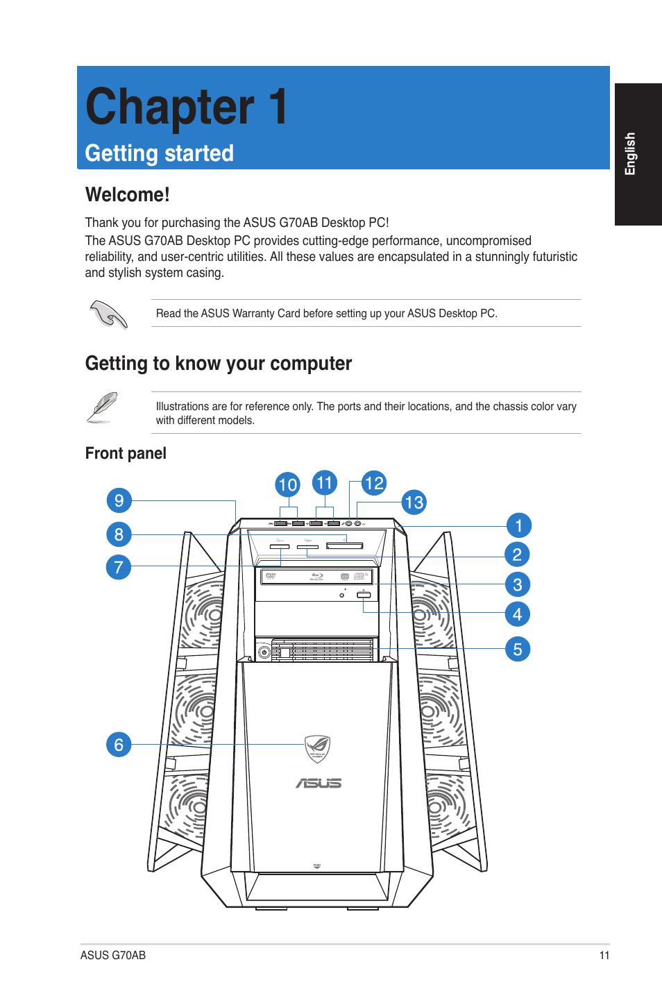 Chapter 1, Getting started, Welcome | Getting to know your computer, Welcome! getting to know your computer | Asus G70AB User Manual | Page 11 / 82