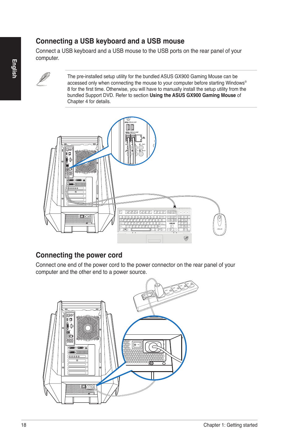 Connecting a usb keyboard and a usb mouse, Connecting the power cord | Asus G70AB User Manual | Page 18 / 82