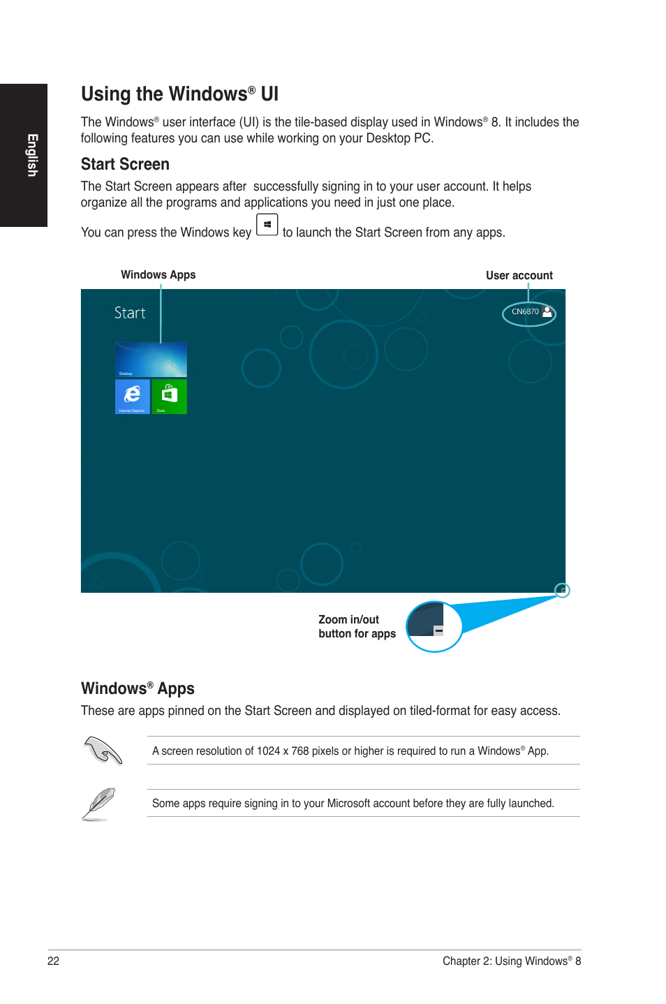 Using the windows® ui, Using the windows, Start screen | Windows, Apps | Asus G70AB User Manual | Page 22 / 82