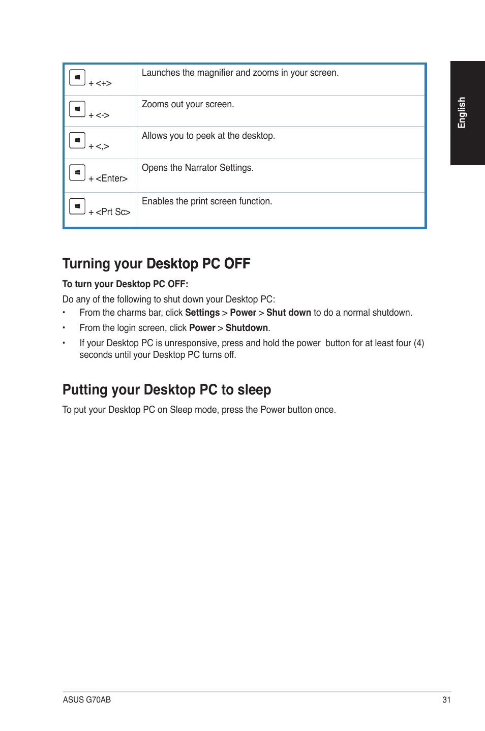 Turning your desktop pc off, Putting your desktop pc to sleep, Turning your desktop pc off desktop pc off off | Asus G70AB User Manual | Page 31 / 82