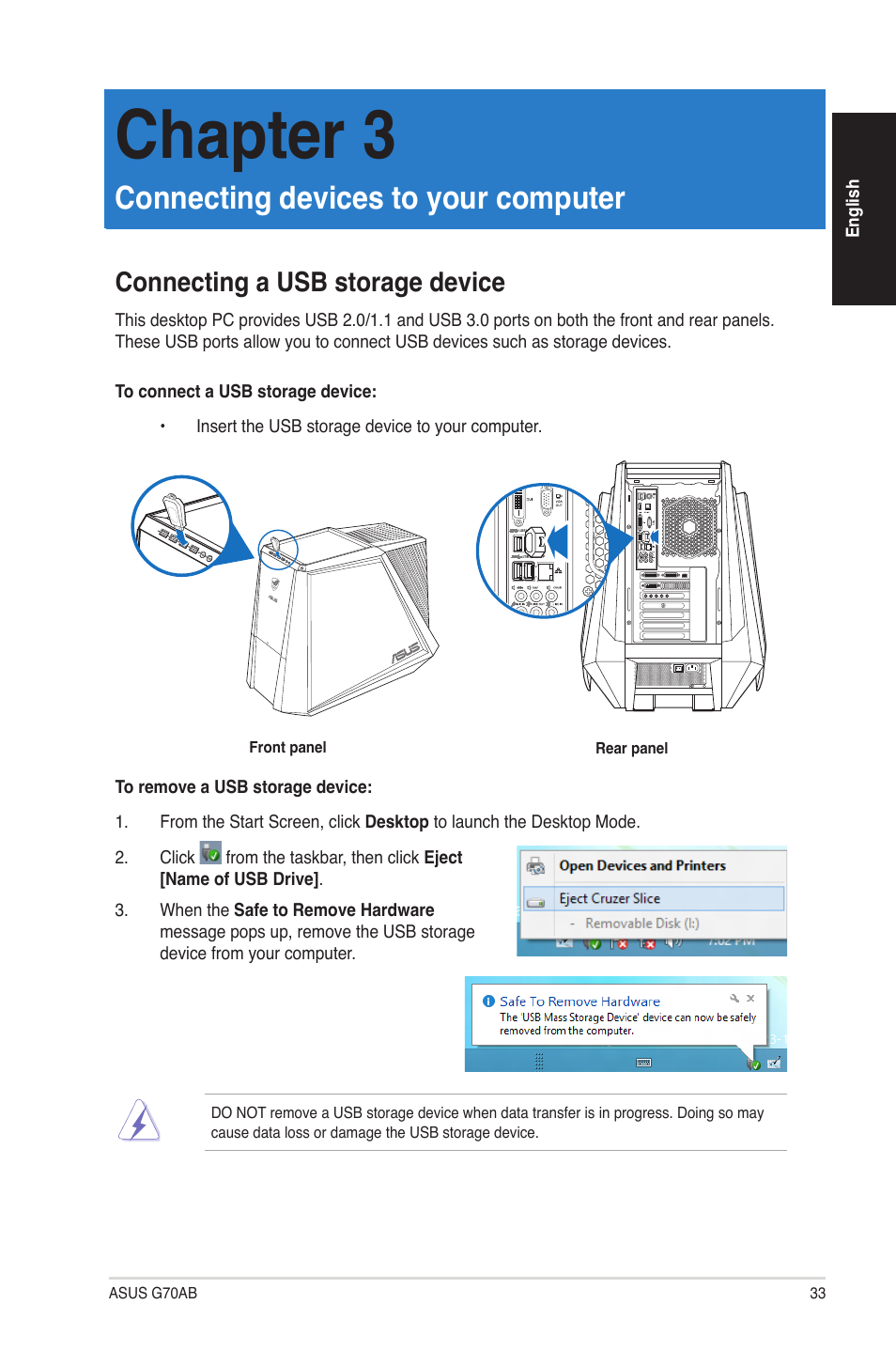 Chapter 3, Connecting devices to your computer, Connecting a usb storage device | Asus G70AB User Manual | Page 33 / 82