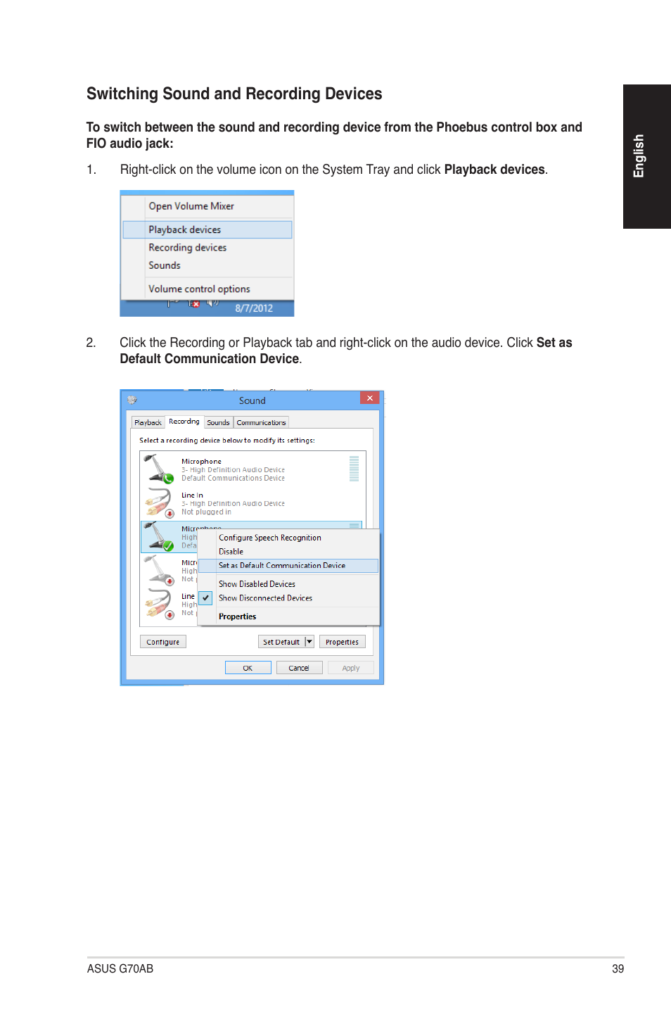 Switching sound and recording devices | Asus G70AB User Manual | Page 39 / 82