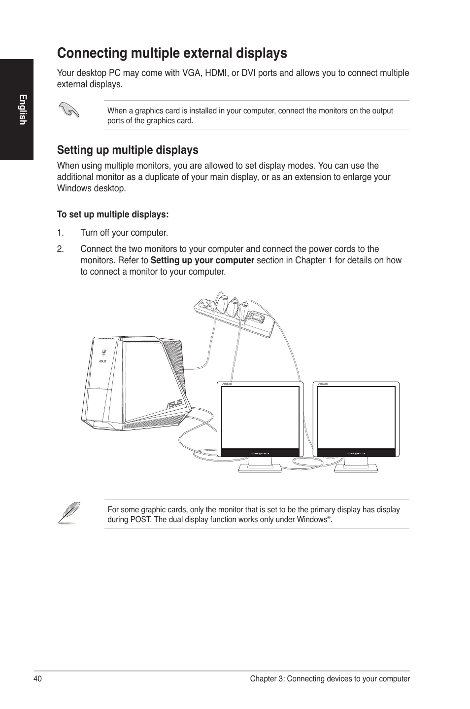 Connecting multiple external displays, Setting up multiple displays | Asus G70AB User Manual | Page 40 / 82