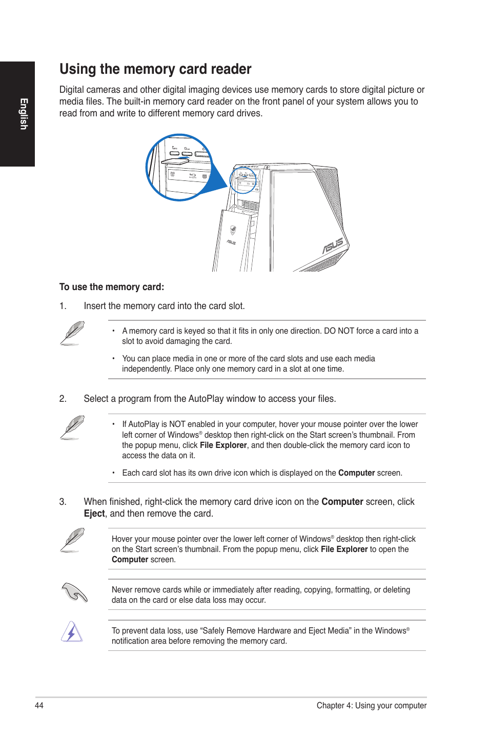 Using the memory card reader | Asus G70AB User Manual | Page 44 / 82