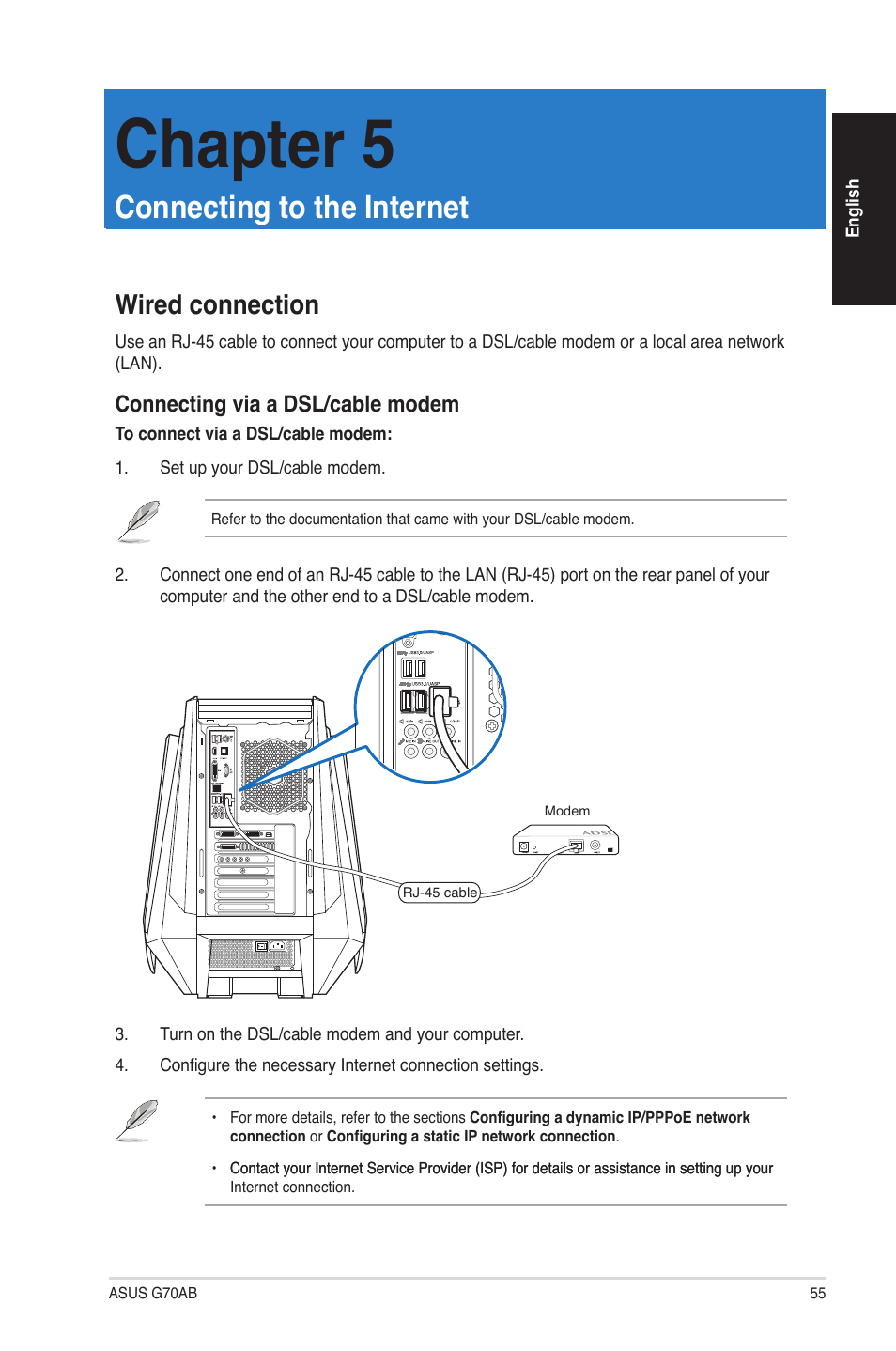 Chapter 5, Connecting to the internet, Wired connection | Asus G70AB User Manual | Page 55 / 82