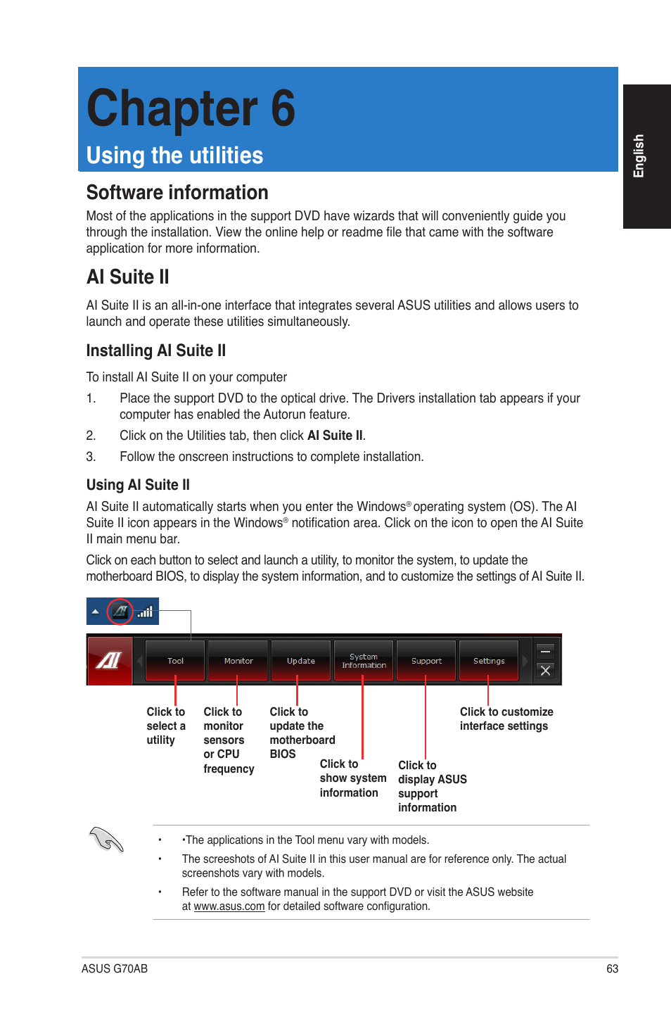 Chapter 6, Using the utilities, Ai suite ii | Software information, Installing ai suite ii | Asus G70AB User Manual | Page 63 / 82