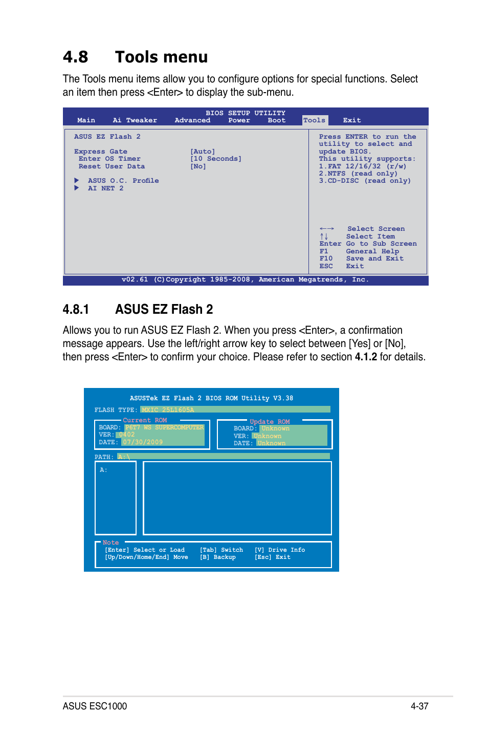8 tools menu, 1 asus ez flash 2, Tools menu -37 4.8.1 | Asus ez flash 2 -37 | Asus ESC1000 Personal SuperComputer User Manual | Page 101 / 184
