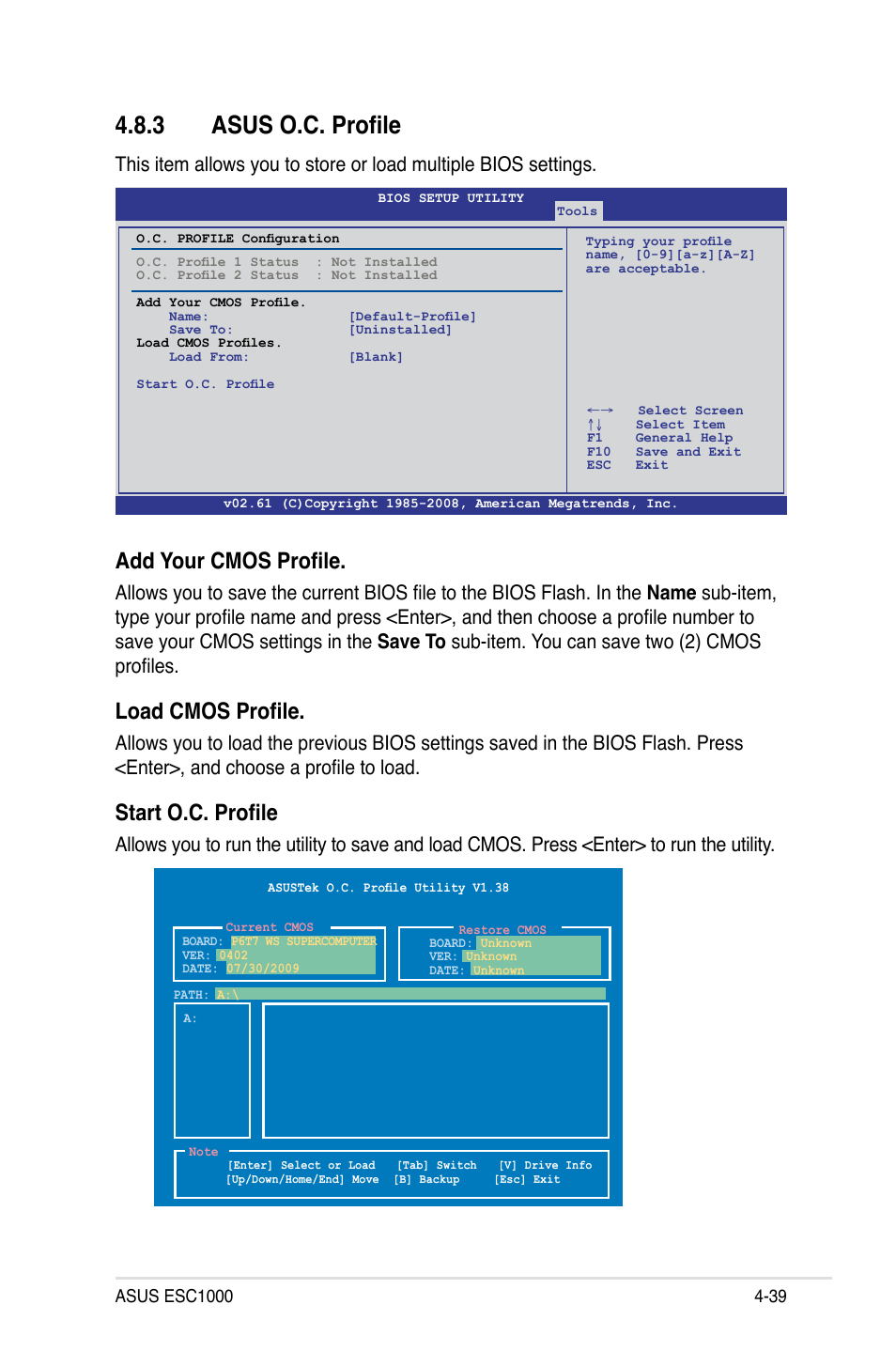 3 asus o.c. profile, Asus o.c. profile -39, Add your cmos profile | Load cmos profile, Start o.c. profile | Asus ESC1000 Personal SuperComputer User Manual | Page 103 / 184