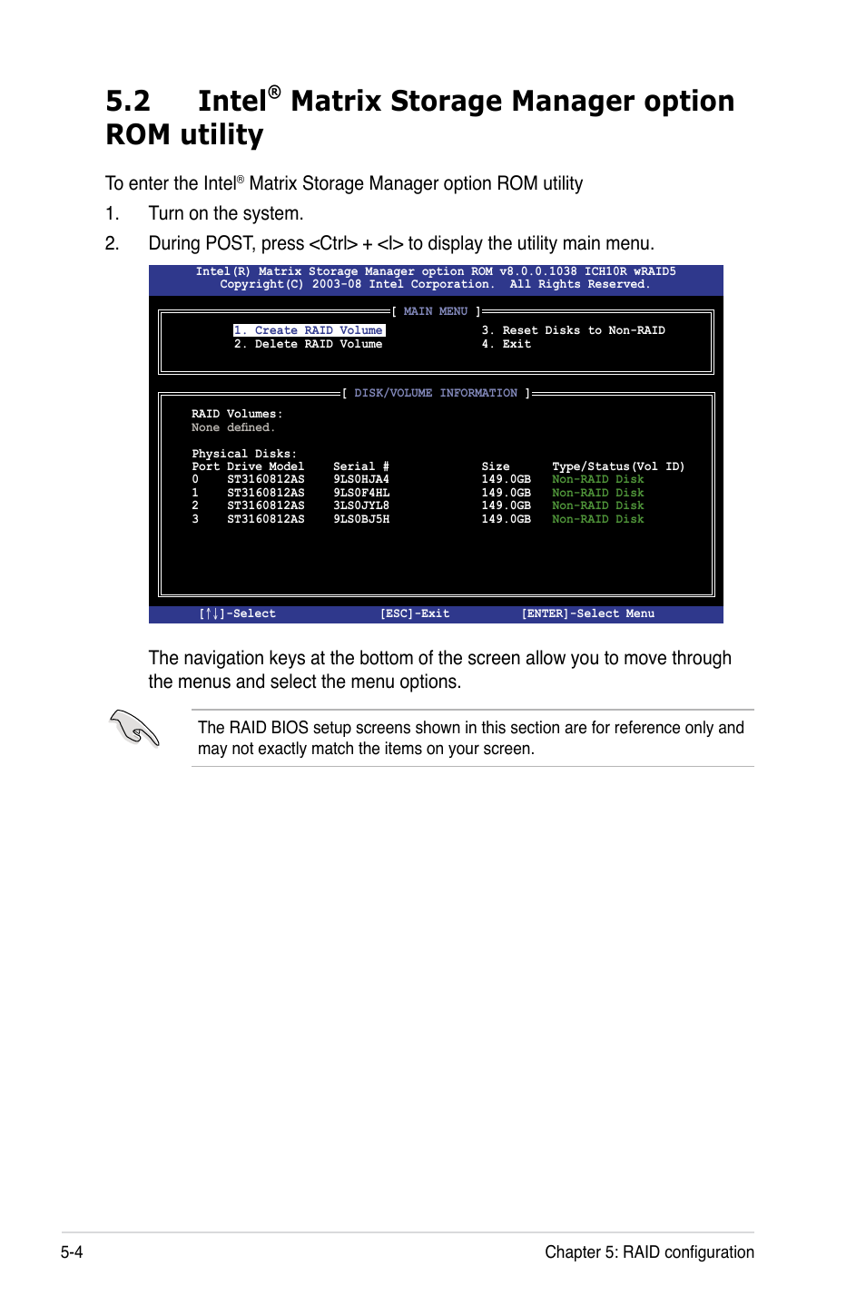 2 intel® matrix storage manager option rom utility, Intel, Matrix storage manager option rom utility -4 | 2 intel, Matrix storage manager option rom utility | Asus ESC1000 Personal SuperComputer User Manual | Page 110 / 184