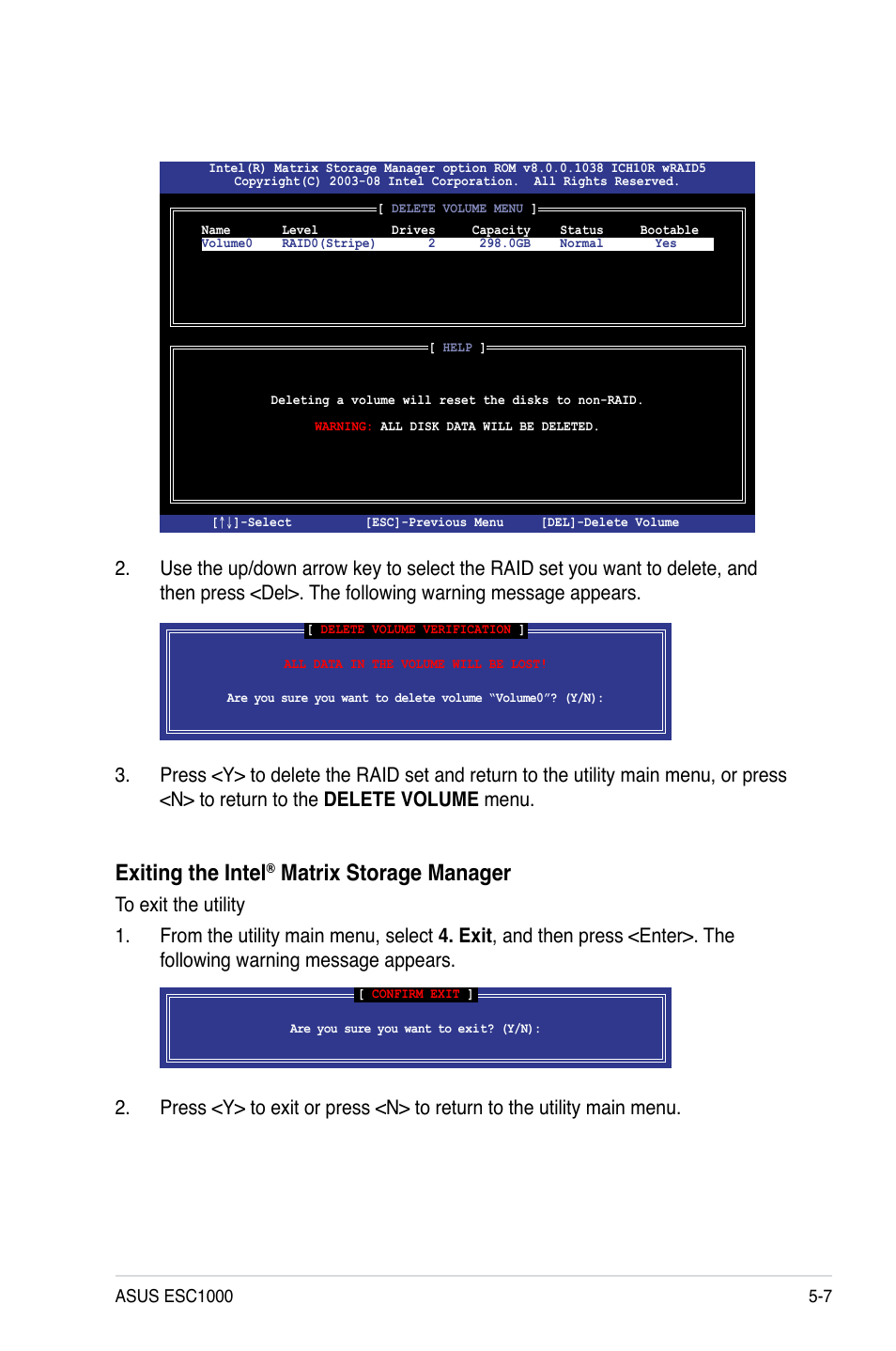 Exiting the intel, Matrix storage manager | Asus ESC1000 Personal SuperComputer User Manual | Page 113 / 184