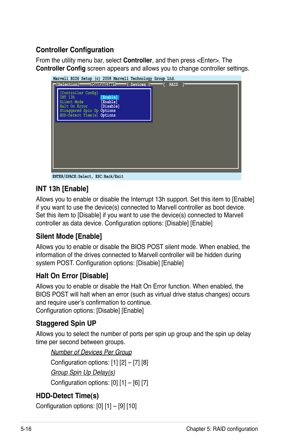 Controller configuration, Int 13h [enable, Silent mode [enable | Halt on error [disable, Staggered spin up, Hdd-detect time(s) | Asus ESC1000 Personal SuperComputer User Manual | Page 122 / 184