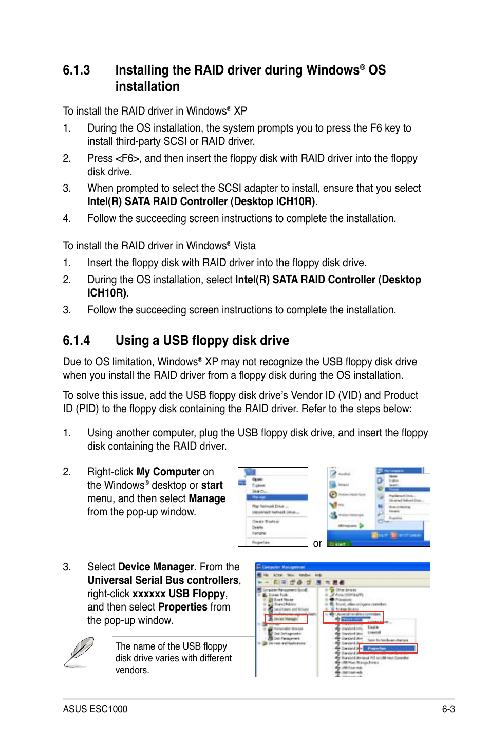 4 using a usb floppy disk drive, Installing the raid driver during, Windows | Os installation -3, Using a usb floppy disk drive -3, 3 installing the raid driver during windows, Os installation | Asus ESC1000 Personal SuperComputer User Manual | Page 125 / 184