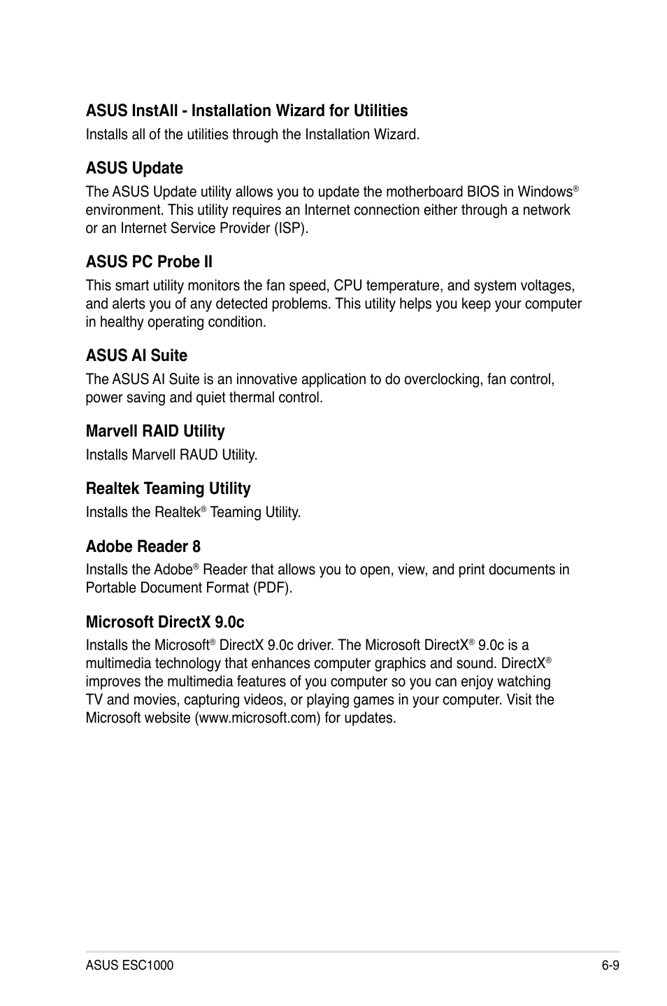 Asus install - installation wizard for utilities, Asus update, Asus pc probe ii | Asus ai suite, Marvell raid utility, Realtek teaming utility, Adobe reader 8, Microsoft directx 9.0c | Asus ESC1000 Personal SuperComputer User Manual | Page 131 / 184