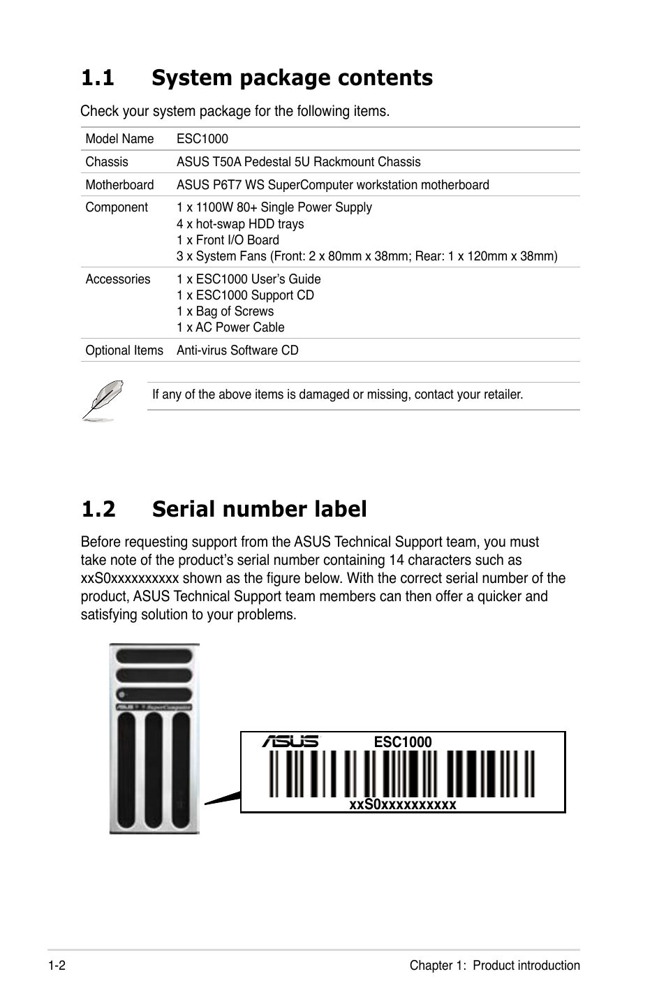 1 system package contents, 2 serial number label, System package contents -2 | Serial number label -2 | Asus ESC1000 Personal SuperComputer User Manual | Page 14 / 184
