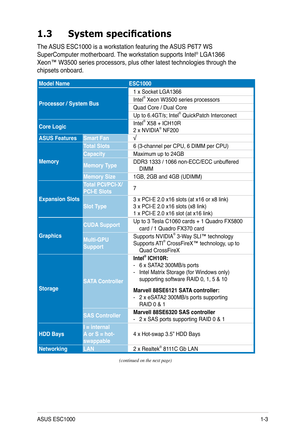 3 system specifications, System specifications -3 | Asus ESC1000 Personal SuperComputer User Manual | Page 15 / 184