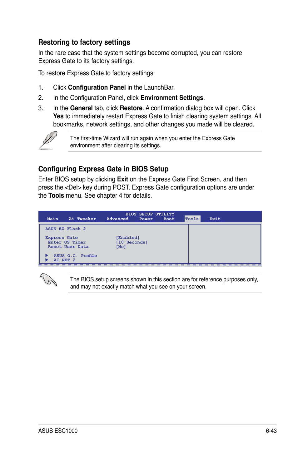 Restoring to factory settings, Configuring express gate in bios setup | Asus ESC1000 Personal SuperComputer User Manual | Page 165 / 184