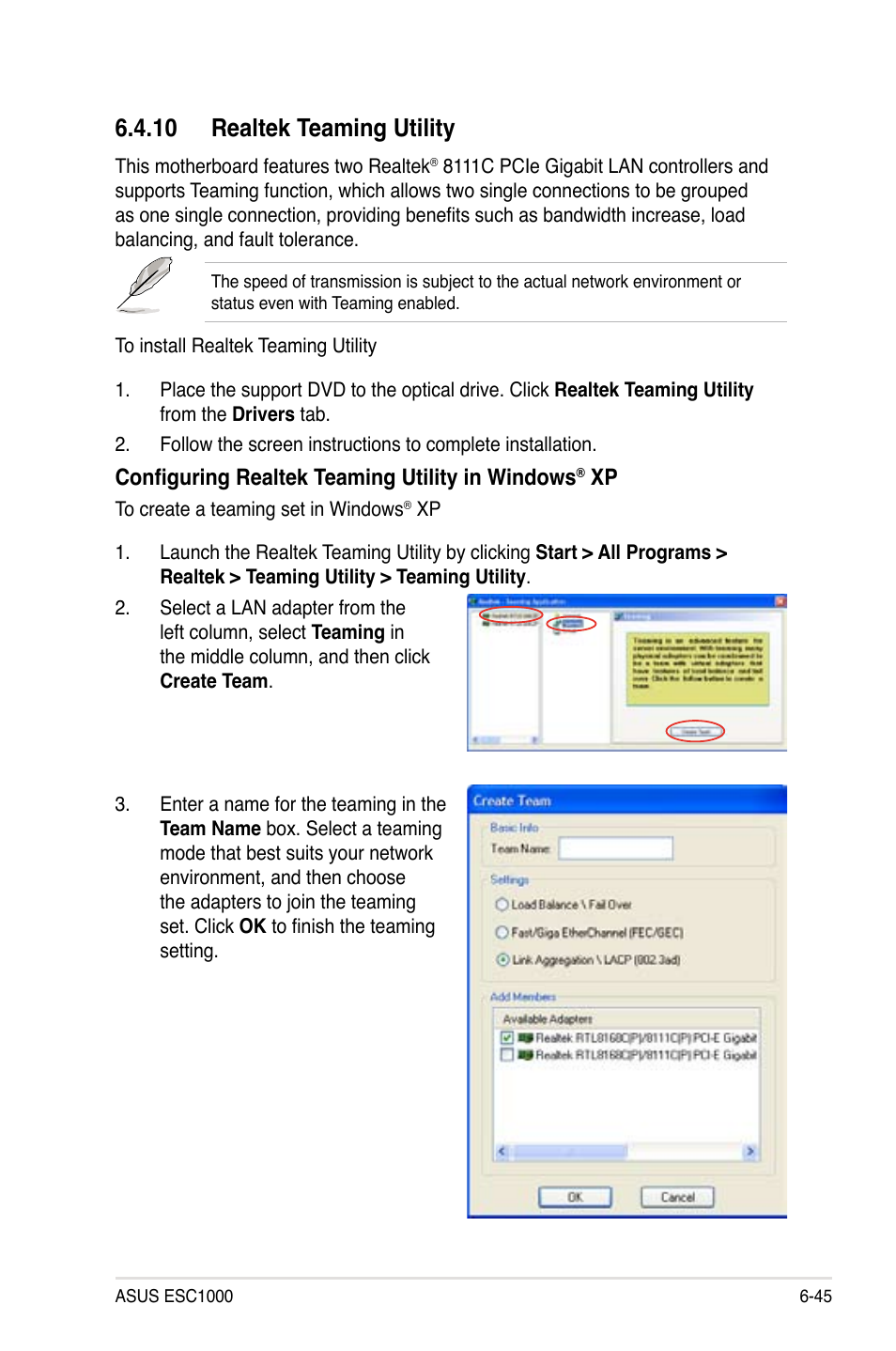 10 realtek teaming utility, 10 realtek teaming utility -45, Configuring realtek teaming utility in windows | Asus ESC1000 Personal SuperComputer User Manual | Page 167 / 184