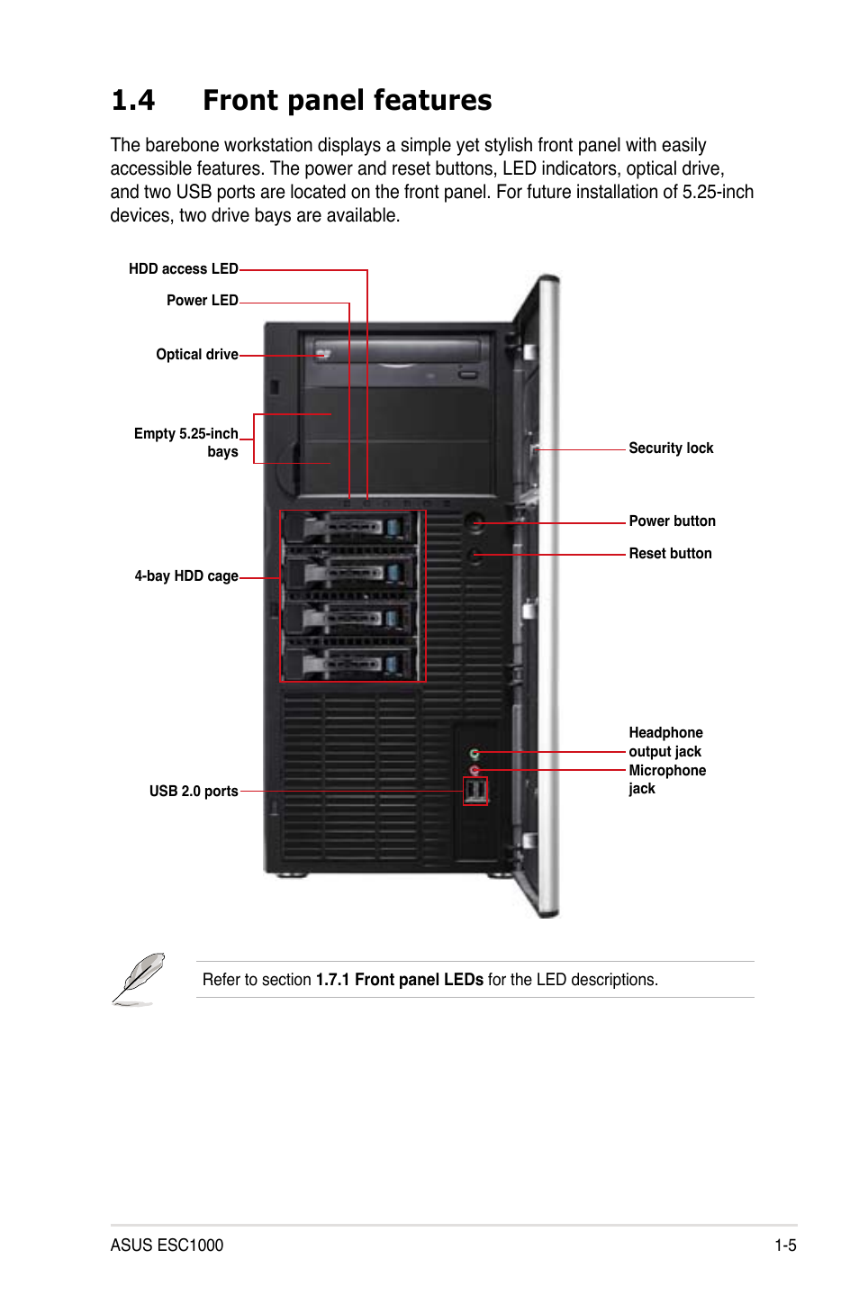 4 front panel features, Front panel features -5 | Asus ESC1000 Personal SuperComputer User Manual | Page 17 / 184