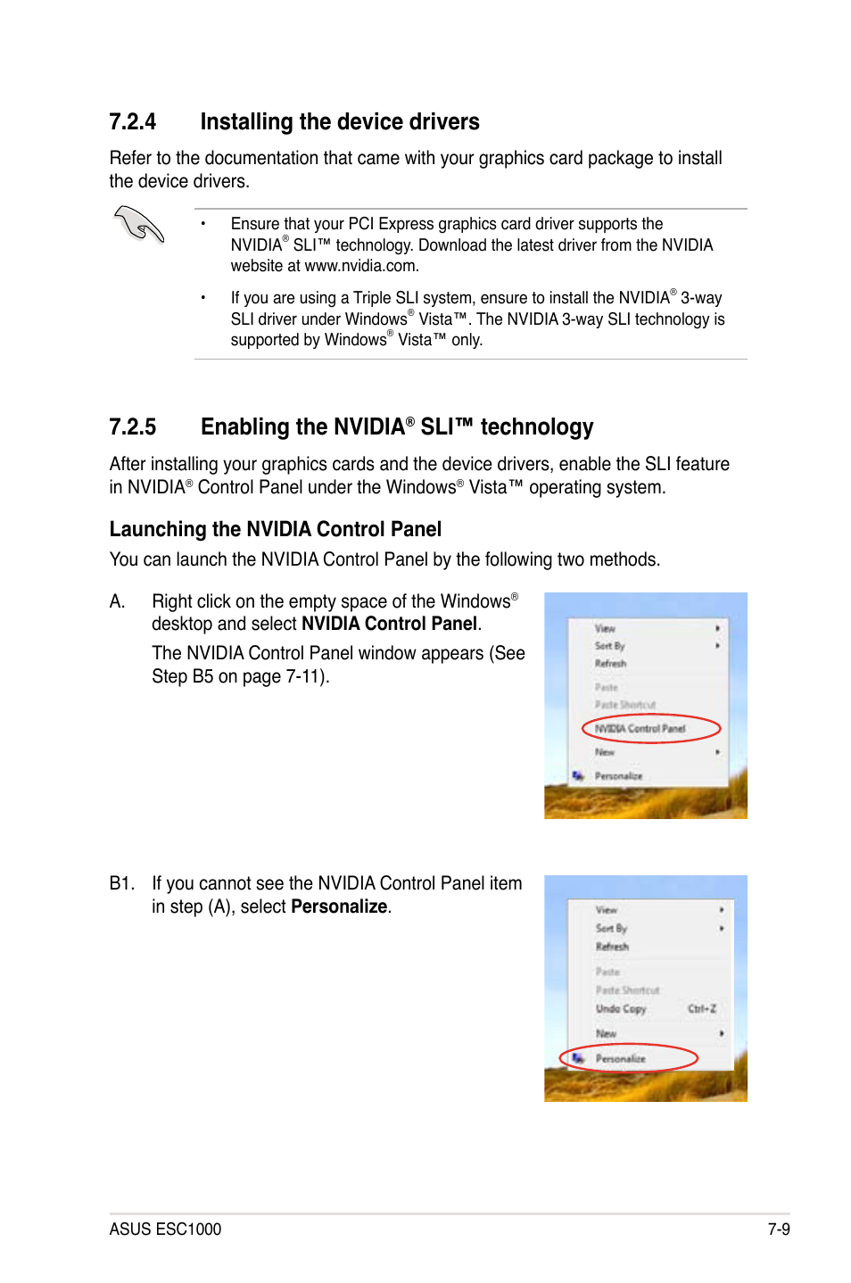 4 installing the device drivers, 5 enabling the nvidia® sli™ technology, Installing the device drivers -9 | Enabling the nvidia, Sli™ technology -9, 5 enabling the nvidia, Sli™ technology, Launching the nvidia control panel | Asus ESC1000 Personal SuperComputer User Manual | Page 179 / 184