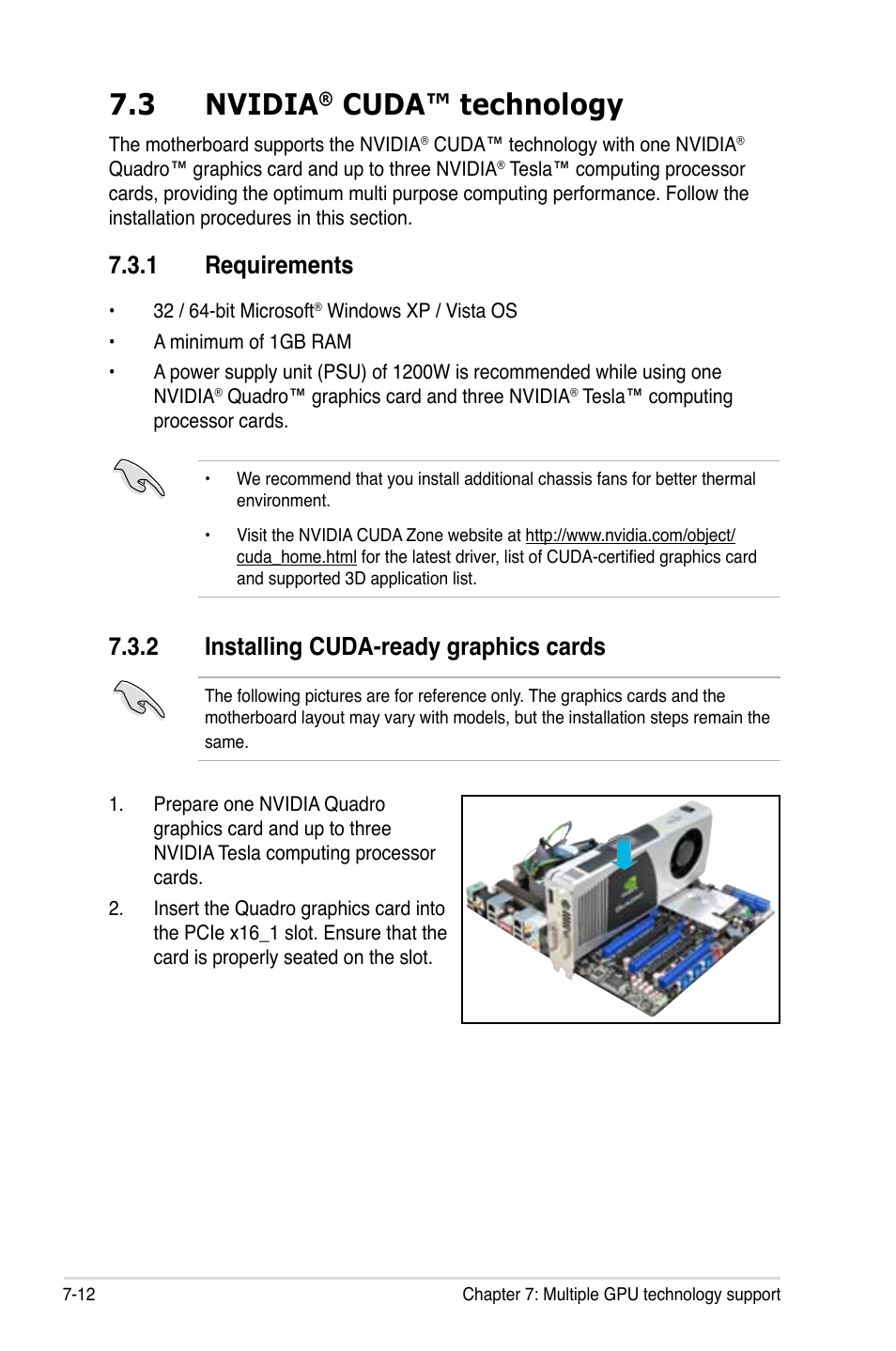 3 nvidia® cuda™ technology, 1 requirements, 2 installing cuda-ready graphics cards | Nvidia, Cuda™ technology -12, Requirements -12, Installing cuda-ready graphics cards -12, 3 nvidia, Cuda™ technology | Asus ESC1000 Personal SuperComputer User Manual | Page 182 / 184