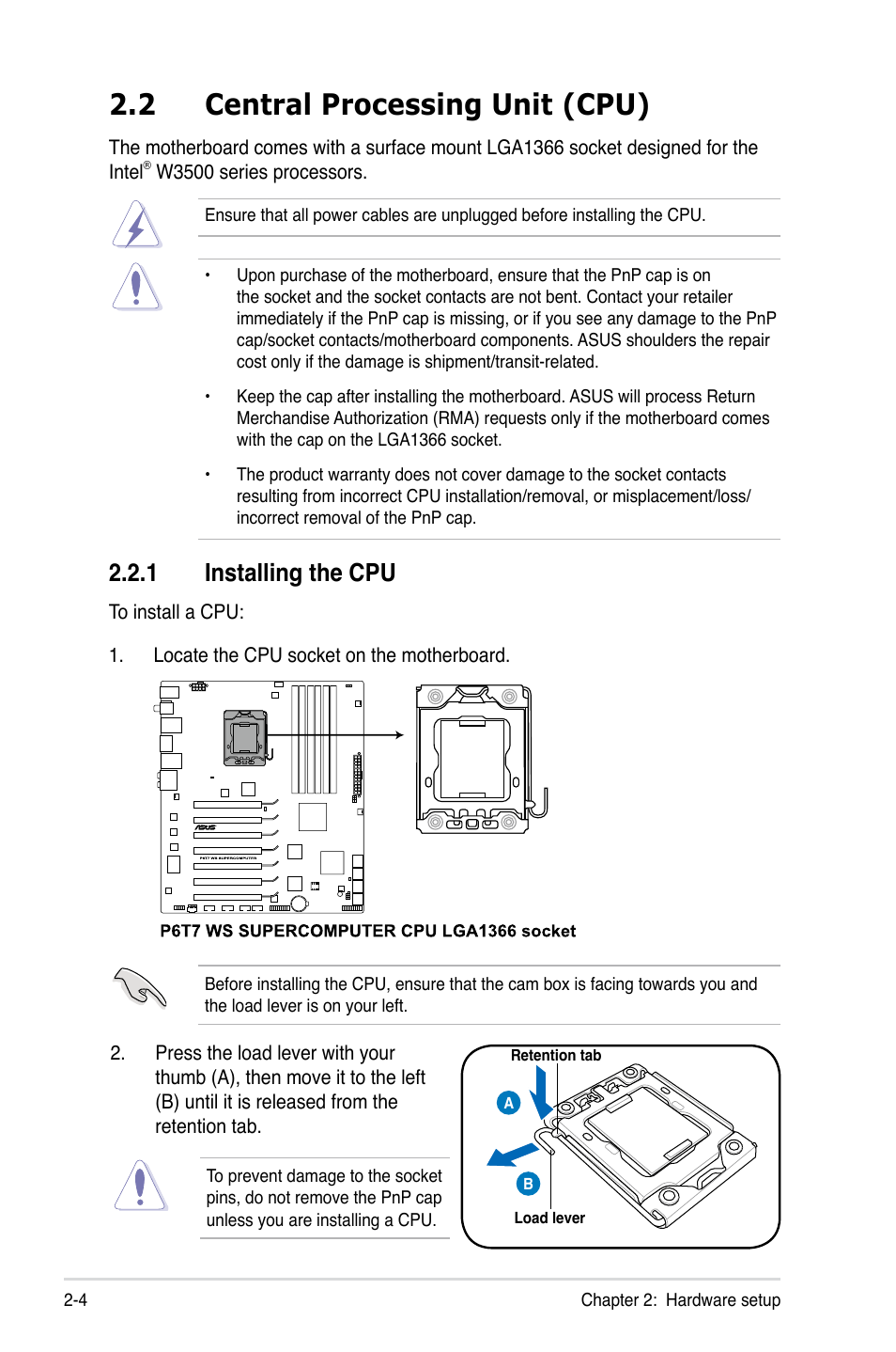 2 central processing unit (cpu), 1 installing the cpu, Central processing unit (cpu) -4 2.2.1 | Installing the cpu -4 | Asus ESC1000 Personal SuperComputer User Manual | Page 24 / 184