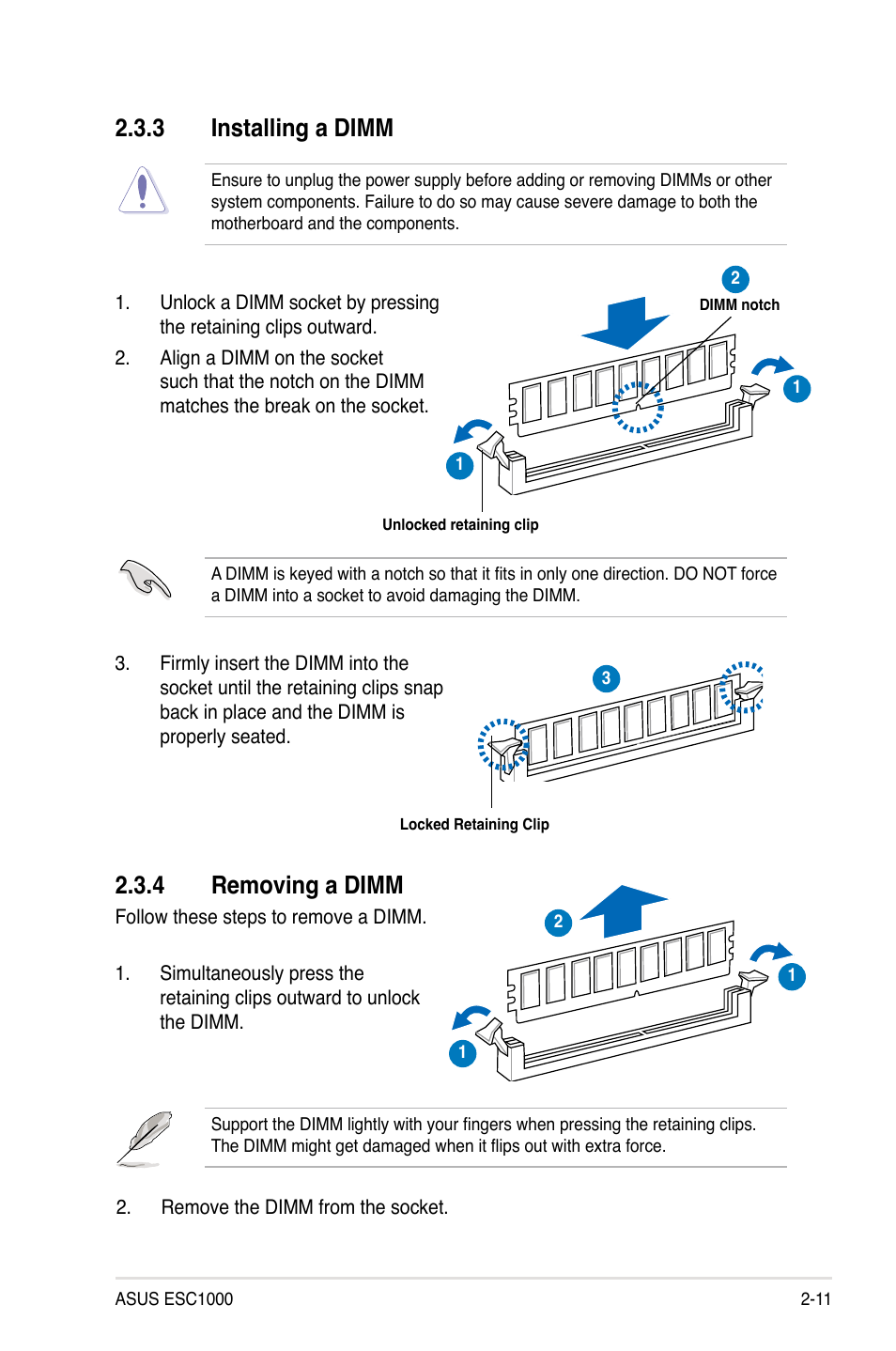 3 installing a dimm, 4 removing a dimm, Installing a dimm -11 | Removing a dimm -11, 3 installing a dimm 2.3.4 removing a dimm | Asus ESC1000 Personal SuperComputer User Manual | Page 31 / 184