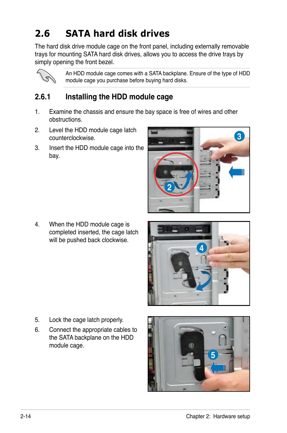 6 sata hard disk drives, 1 installing the hdd module cage, Sata hard disk drives -14 2.6.1 | Installing the hdd module cage -14 | Asus ESC1000 Personal SuperComputer User Manual | Page 34 / 184