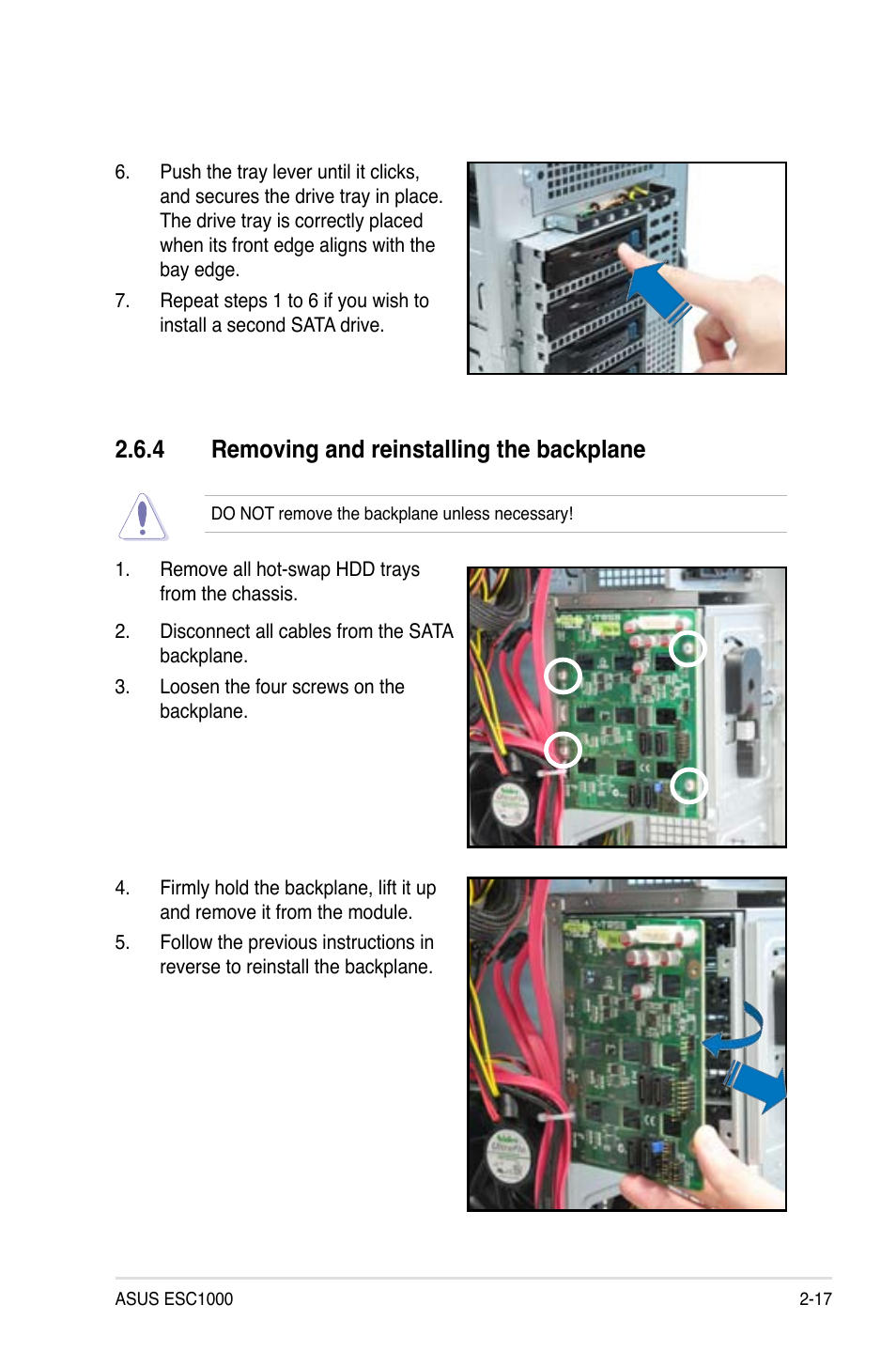 4 removing and reinstalling the backplane, Removing and reinstalling the backplane -17 | Asus ESC1000 Personal SuperComputer User Manual | Page 37 / 184