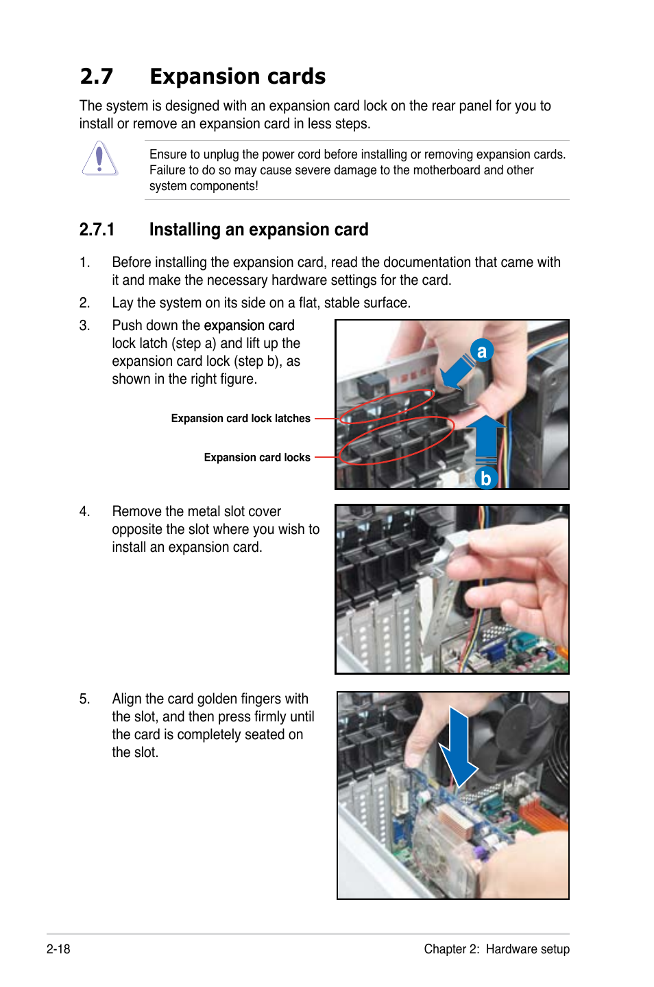 7 expansion cards, 1 installing an expansion card, Expansion cards -18 2.7.1 | Installing an expansion card -18 | Asus ESC1000 Personal SuperComputer User Manual | Page 38 / 184