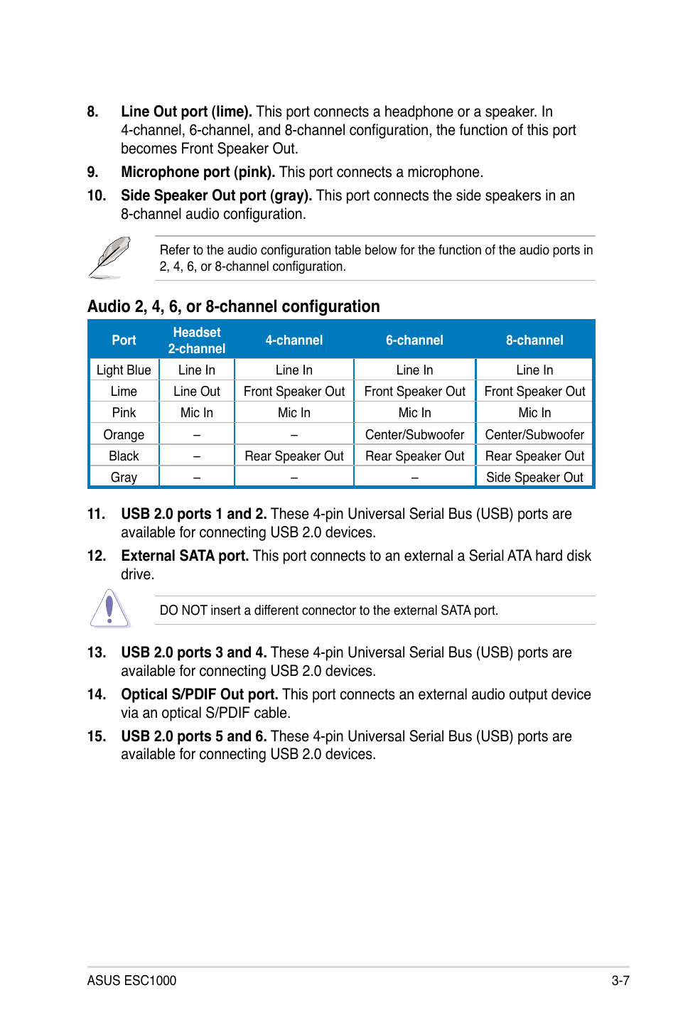 Audio 2, 4, 6, or 8-channel configuration | Asus ESC1000 Personal SuperComputer User Manual | Page 53 / 184