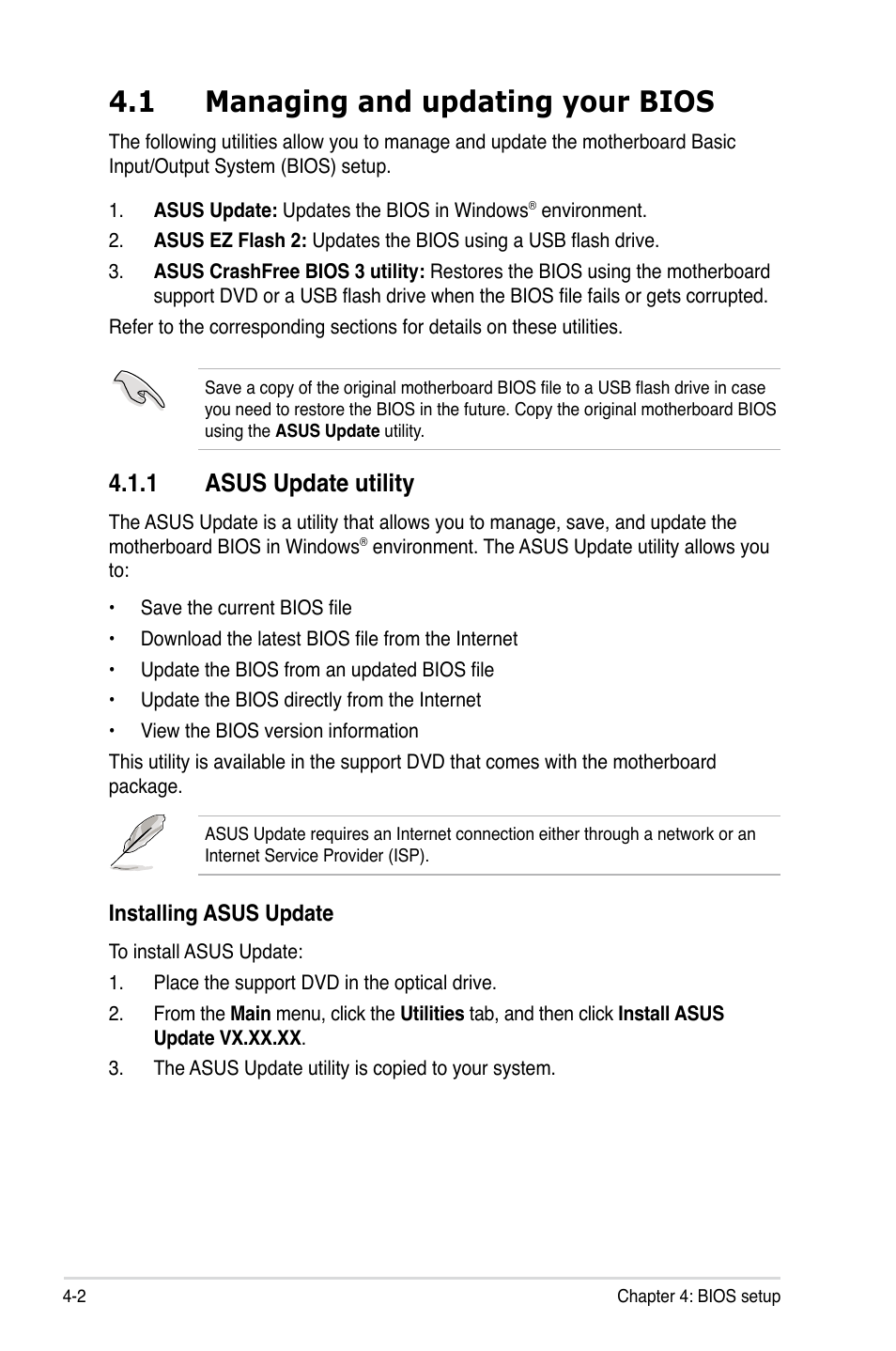 1 managing and updating your bios, 1 asus update utility, Managing and updating your bios -2 4.1.1 | Asus update utility -2 | Asus ESC1000 Personal SuperComputer User Manual | Page 66 / 184