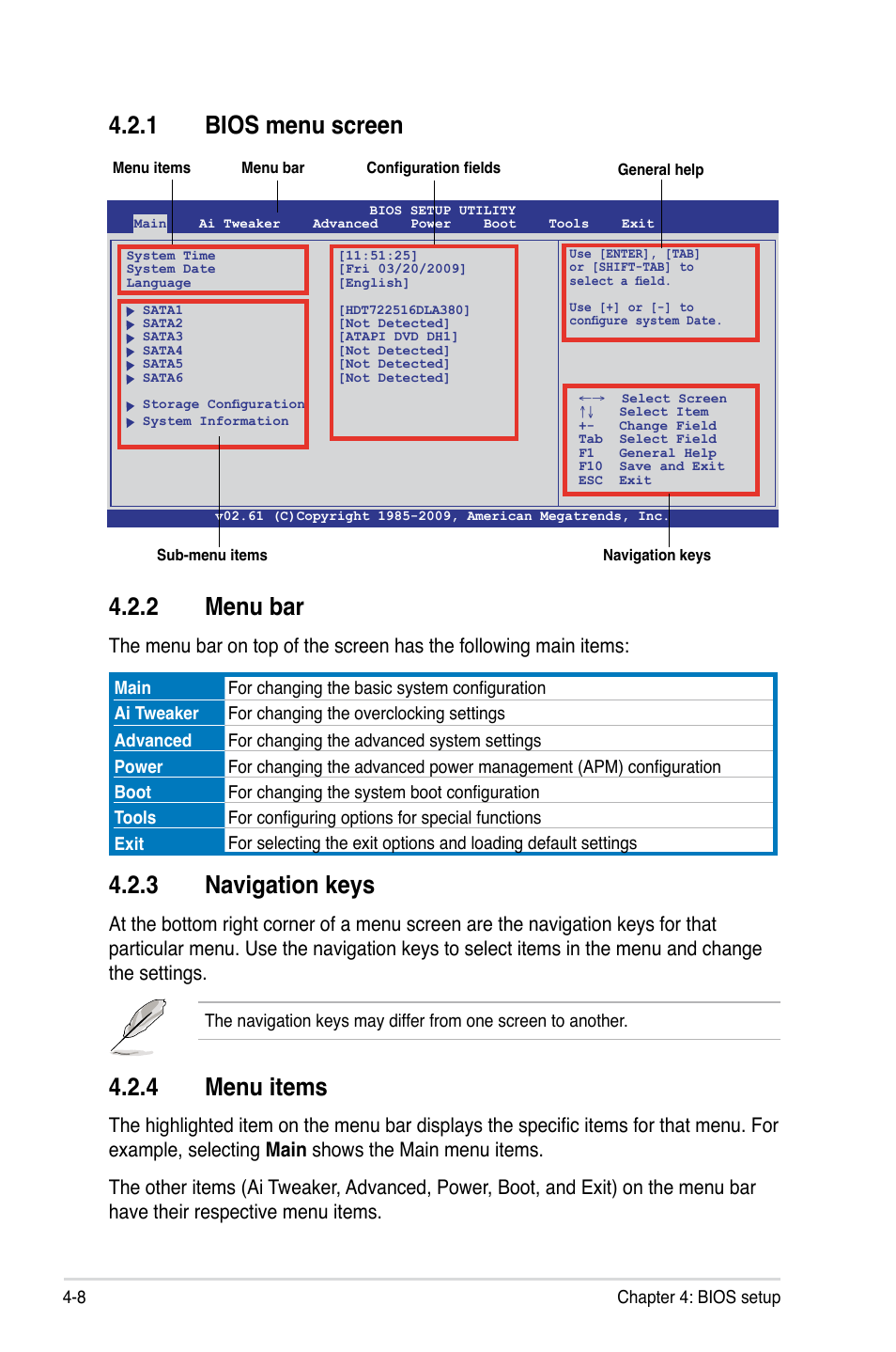 1 bios menu screen, 2 menu bar, 3 navigation keys | 4 menu items, Bios menu screen -8, Menu bar -8, Navigation keys -8, Menu items -8 | Asus ESC1000 Personal SuperComputer User Manual | Page 72 / 184