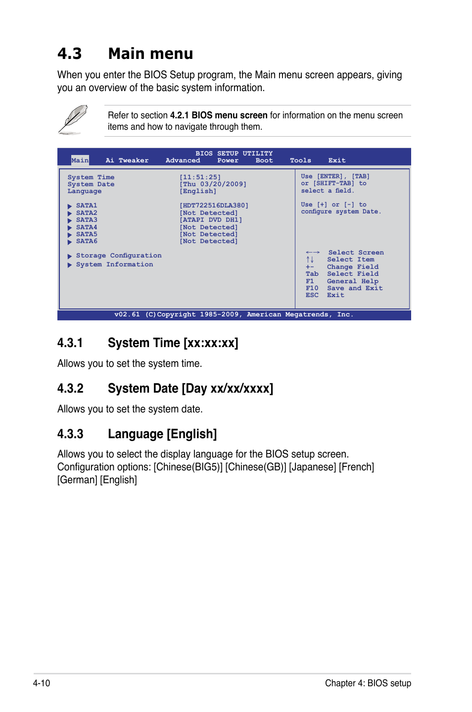 3 main menu, 1 system time [xx:xx:xx, 2 system date [day xx/xx/xxxx | 3 language [english, Main menu -10 4.3.1, System time -10, System date -10, Language -10, Allows you to set the system time, Allows you to set the system date | Asus ESC1000 Personal SuperComputer User Manual | Page 74 / 184