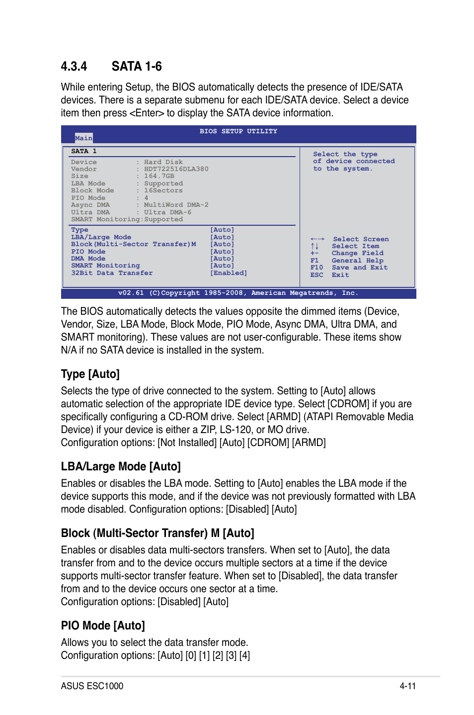 4 sata 1-6, Sata 1-6 -11, Type [auto | Lba/large mode [auto, Block (multi-sector transfer) m [auto, Pio mode [auto | Asus ESC1000 Personal SuperComputer User Manual | Page 75 / 184