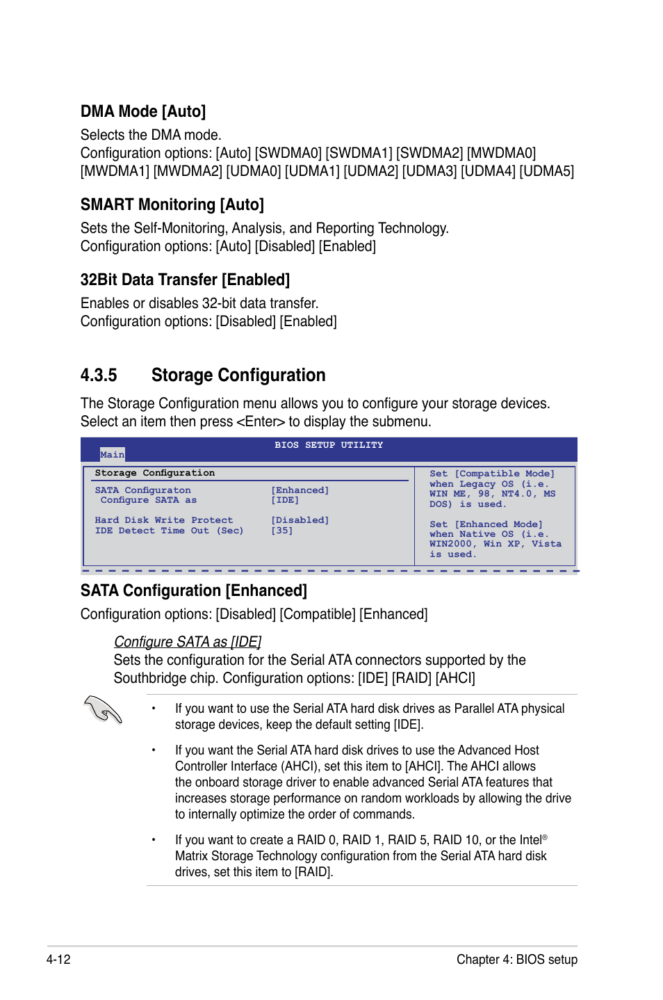 5 storage configuration, Storage configuration -12, Dma mode [auto | Smart monitoring [auto, 32bit data transfer [enabled, Sata configuration [enhanced | Asus ESC1000 Personal SuperComputer User Manual | Page 76 / 184