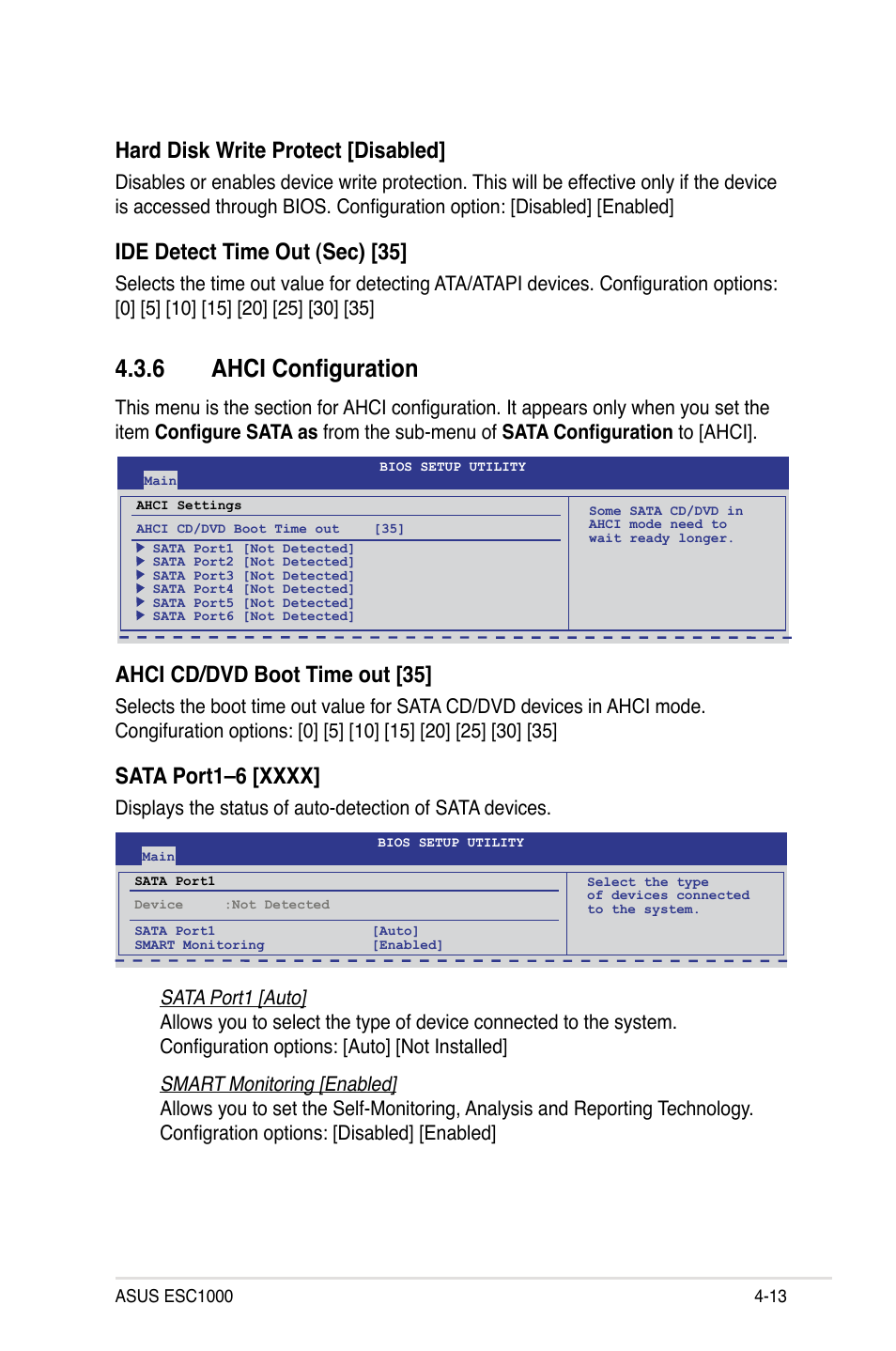 6 ahci configuration, Ahci configuration -13, Hard disk write protect [disabled | Ide detect time out (sec) [35, Ahci cd/dvd boot time out [35 | Asus ESC1000 Personal SuperComputer User Manual | Page 77 / 184