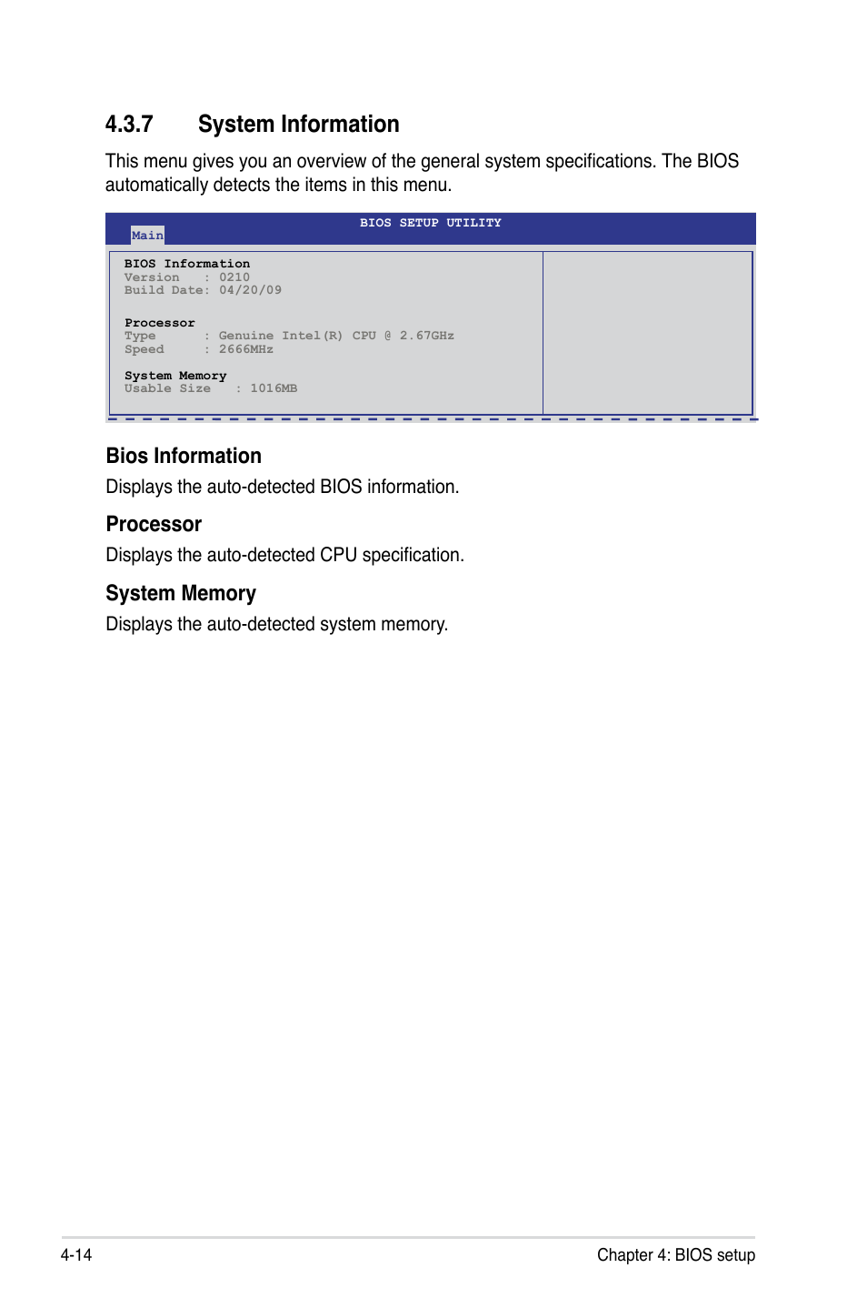 7 system information, System information -14, Bios information | Processor | Asus ESC1000 Personal SuperComputer User Manual | Page 78 / 184