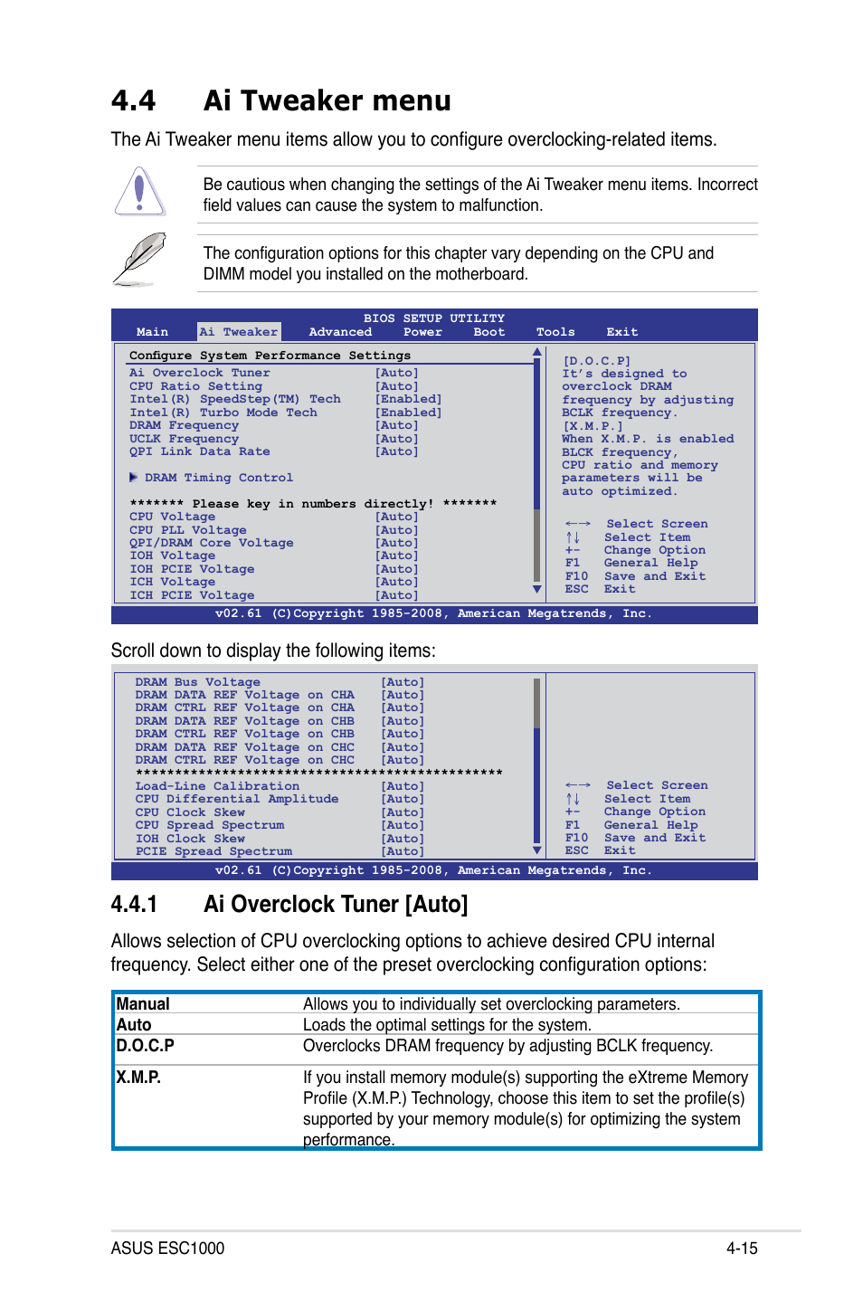 4 ai tweaker menu, 1 ai overclock tuner [auto, Ai tweaker menu -15 4.4.1 | Ai overclock tuner -15, Scroll down to display the following items | Asus ESC1000 Personal SuperComputer User Manual | Page 79 / 184