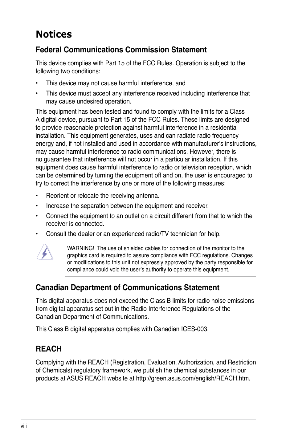 Notices, Federal communications commission statement, Canadian department of communications statement | Reach | Asus ESC1000 Personal SuperComputer User Manual | Page 8 / 184